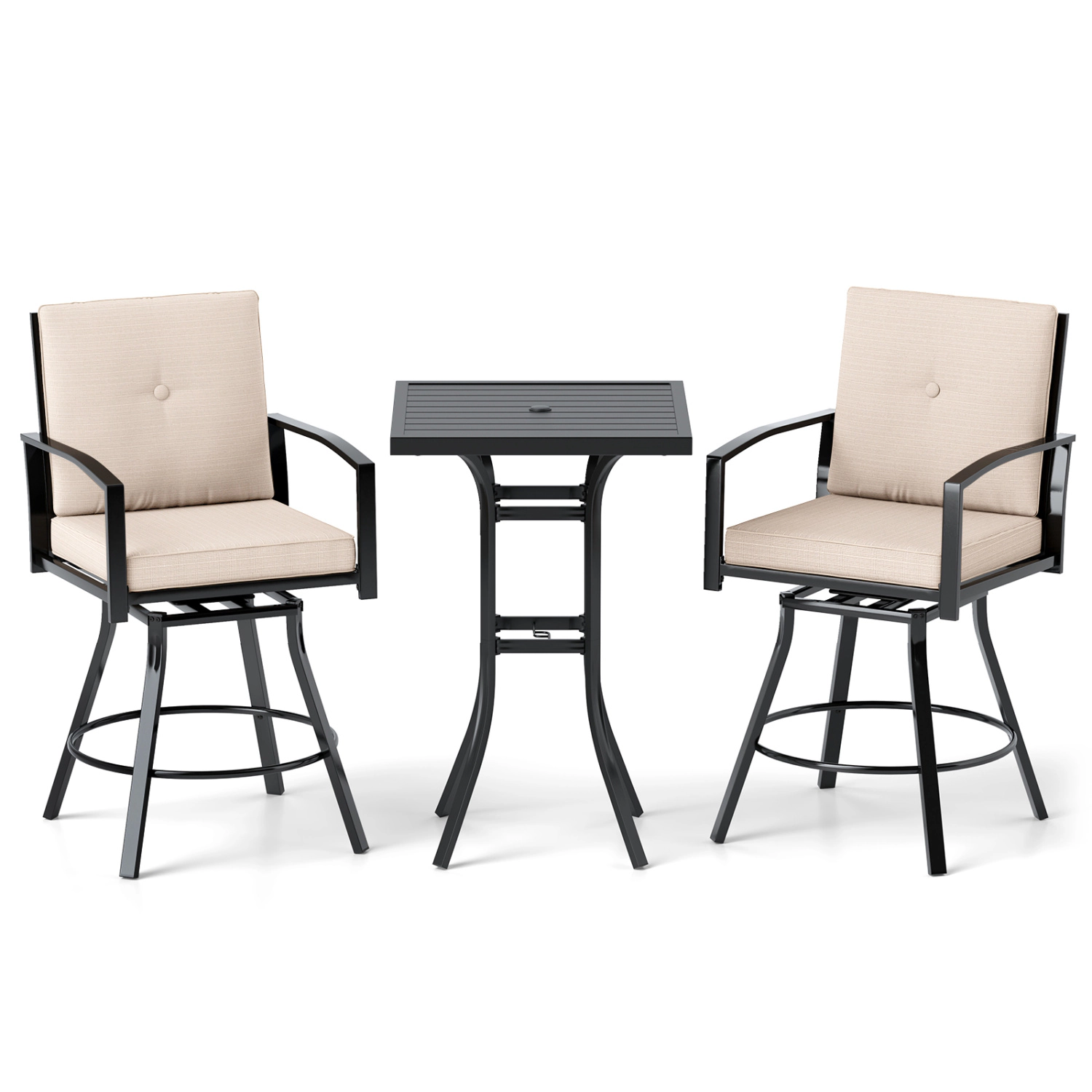 LJG 3 Pieces Patio Swivel Bar Set with Soft Cushions and Umbrella Hole