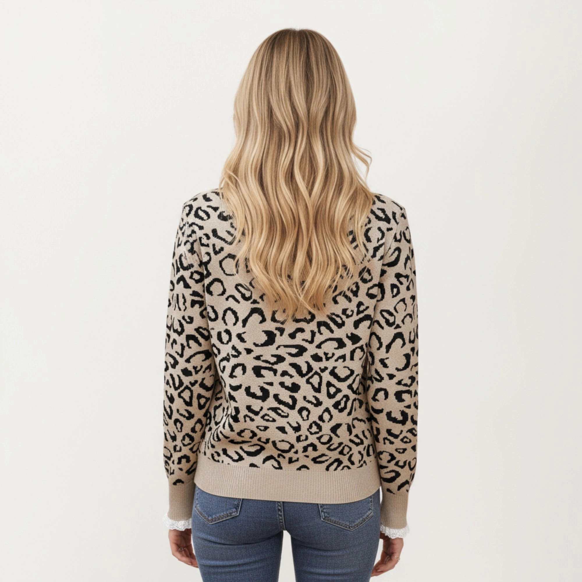 Anna-Kaci Women's Leopard Print Knit Sweater with Ribbed Trim Crew Neckline