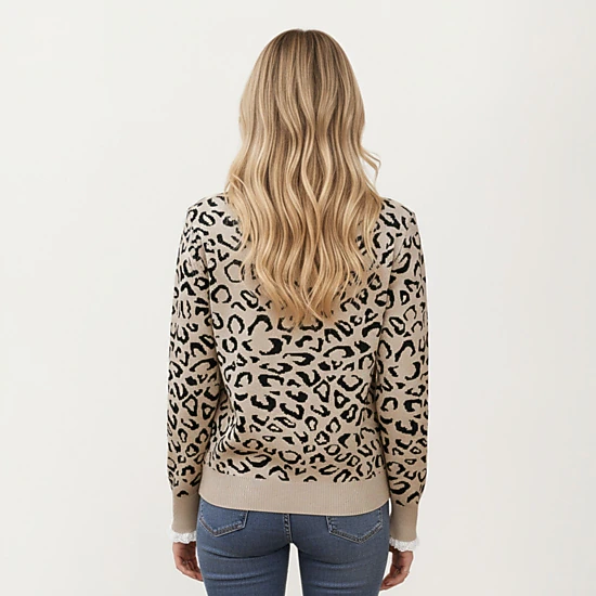 Anna-Kaci Women's Leopard Print Knit Sweater with Ribbed Trim Crew Neckline