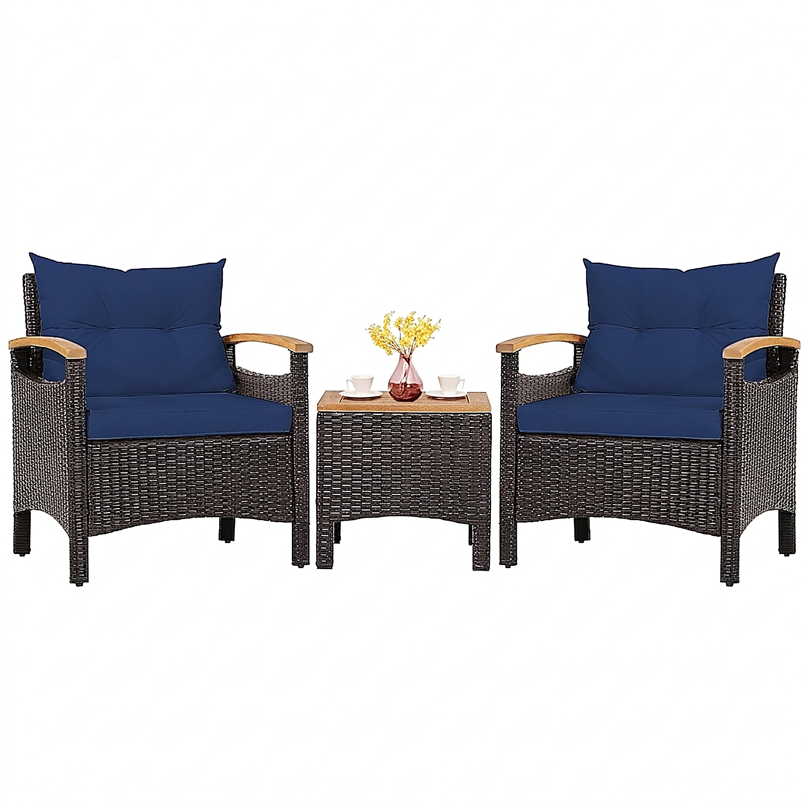 SUGIFT 3-Piece Brown PE Wicker Patio Set with Cushioned Sofas and Acacia Wood Table