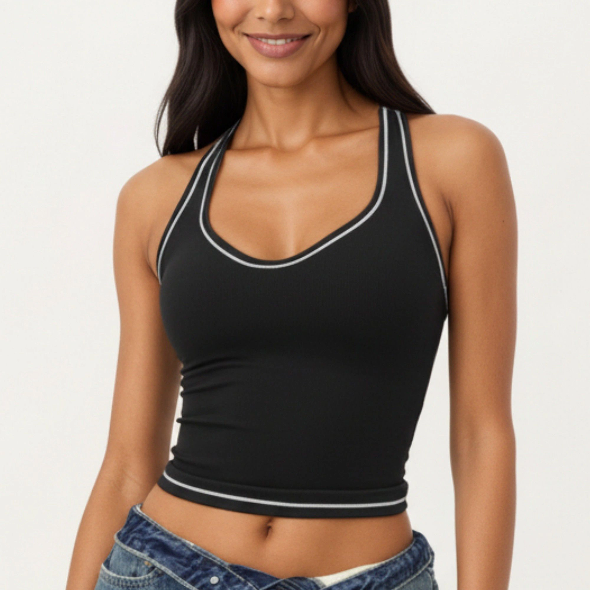 Anna-Kaci Women's Sleeveless Fitted Active Tank with Scoop Neck Contrast Trim and Smooth Stretch Fabric