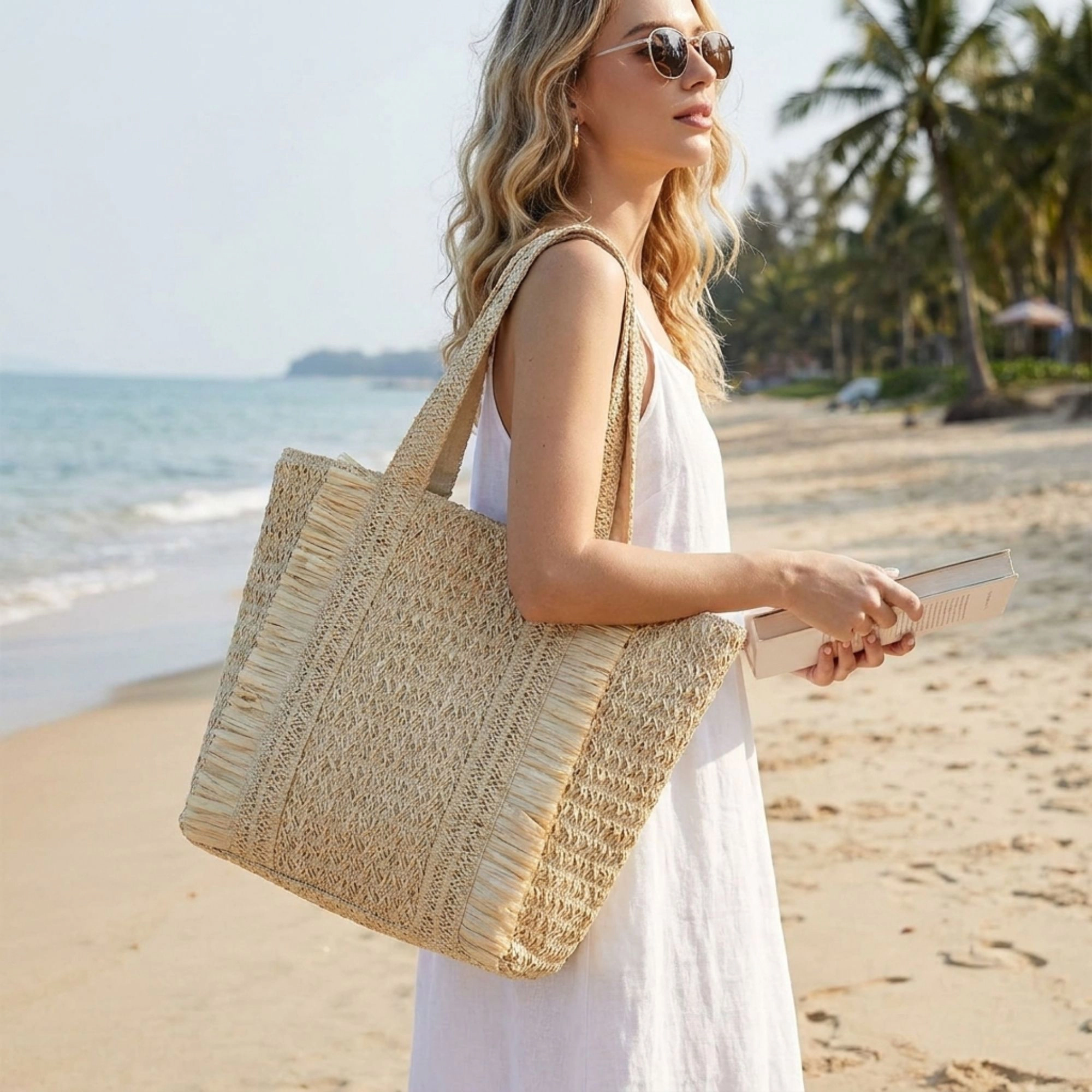 Alilang Women's Woven Tote Bag with Fringe Detail and Shoulder Handles, Khaki