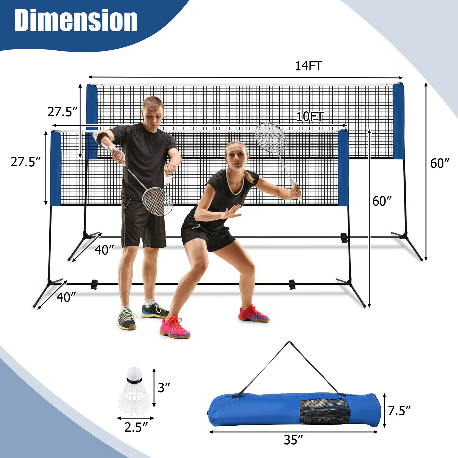 SUGIFT Adjustable 10/14-ft Badminton Net Stand with Nonslip Footpads and Portable Carry Bag Blue Black