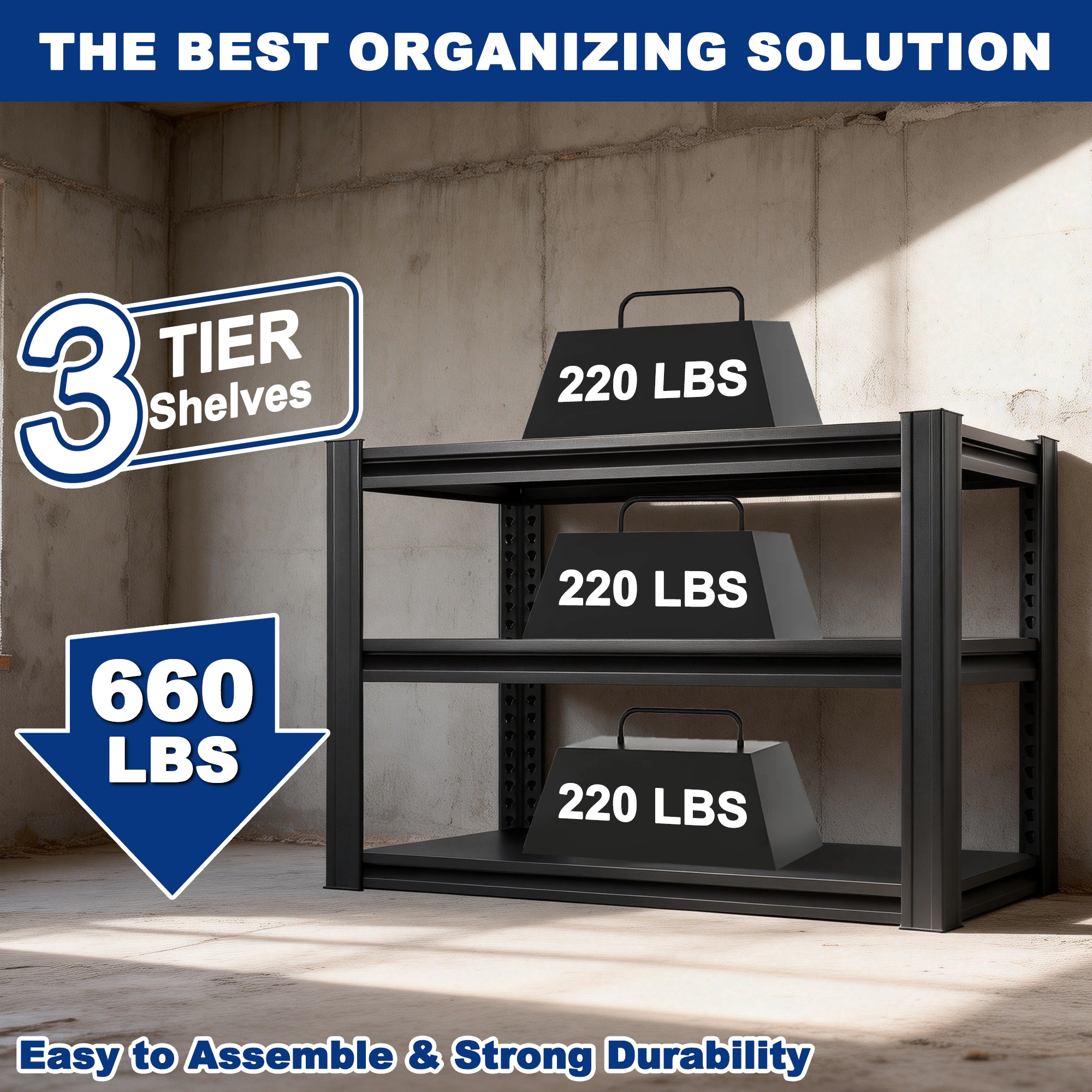 Flynama 3-Shelf Storage Shelving, Heavy Duty Steel, Adjustable, Black (39.4"W x 31.5"H x 19.7"D), Pantry