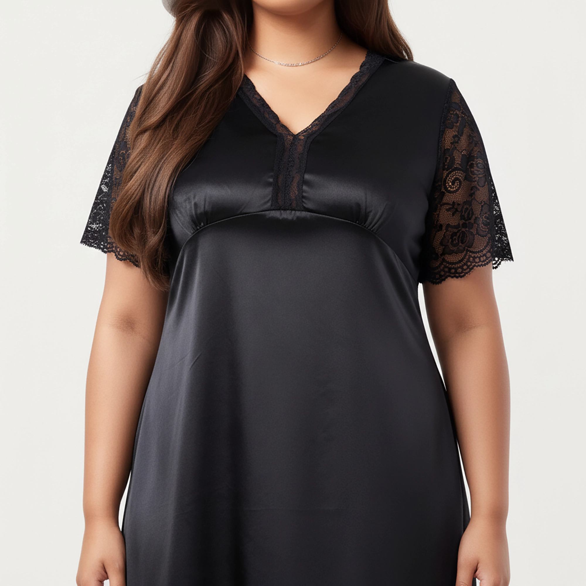 Anna-Kaci Women's Plus Satin Nightdress with Lace Trim Sleeves and High Side Slit Featuring Soft Draping Fabric