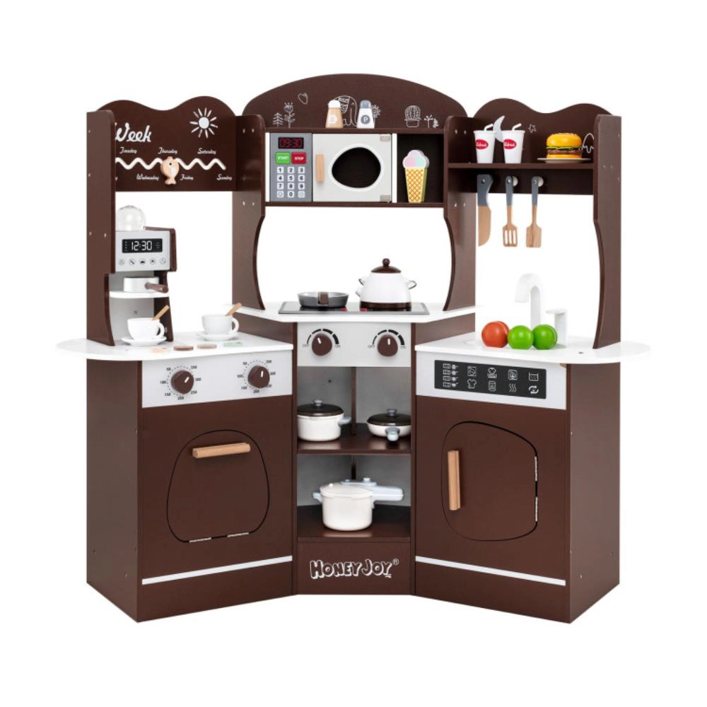 Hivvago Corner Wooden Play Kitchen with Coffee Machine and Slide for Kids