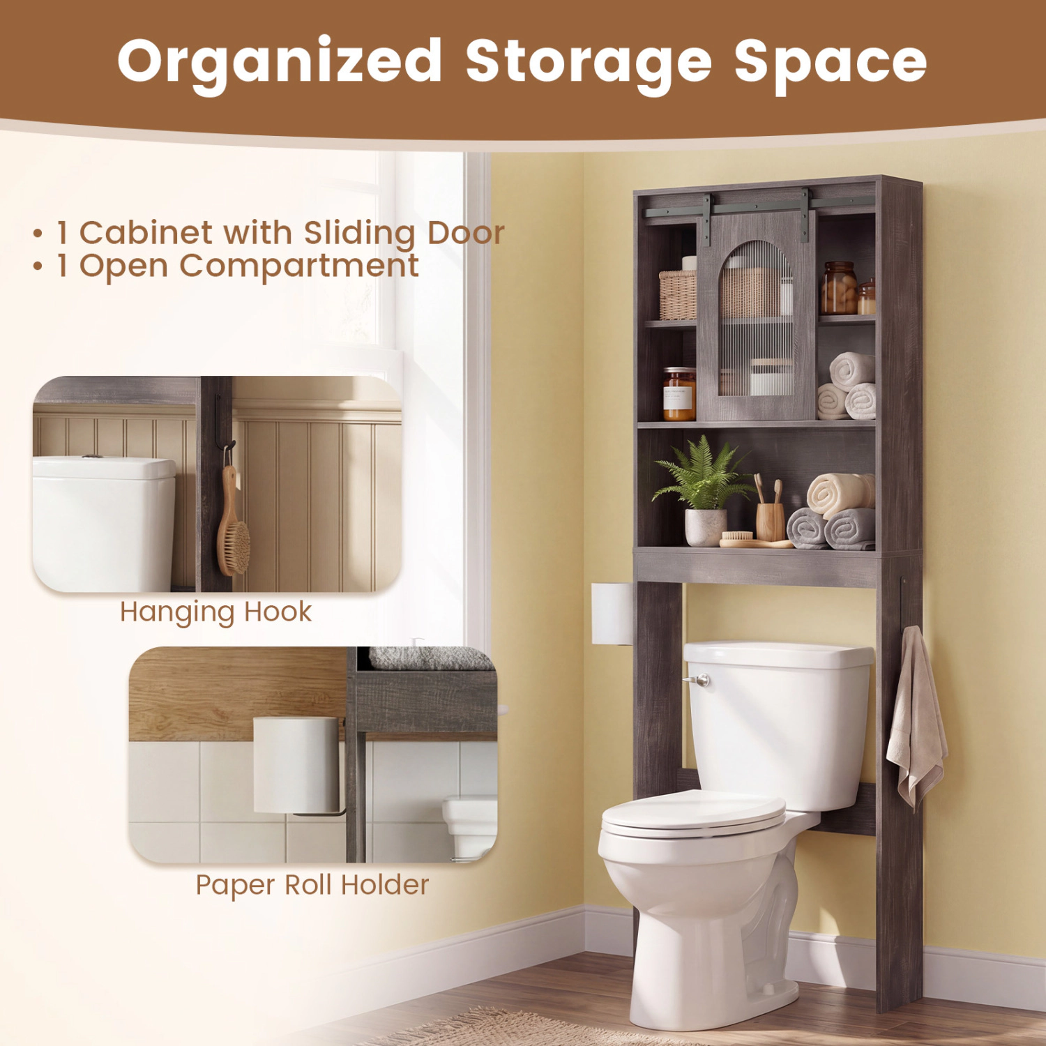 SUGIFT Over Toilet Storage Cabinet with Sliding Barn Door and Open Shelves 67-in Tall 44-lb Top Capacity Black Oak/White