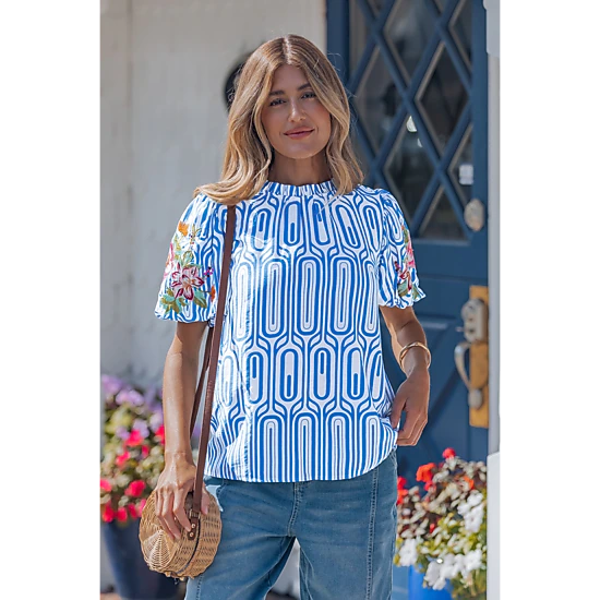 Aadhya Embroidered Puff Sleeve Blouse - Sky Blue