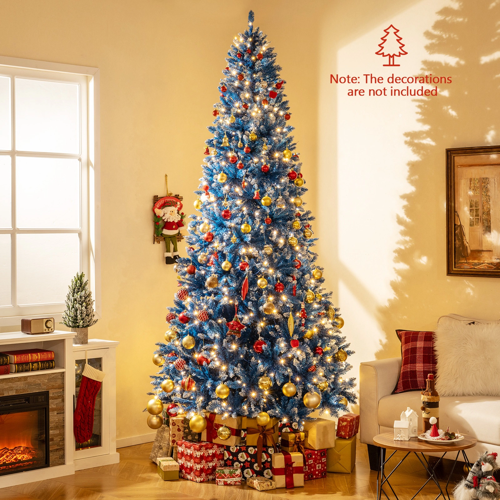 SUGIFT Snowy Blue 9-Foot Artificial Christmas Tree 1938 Branch Tips 4.1-ft Diameter & 520 Warm White LED Lights Blue