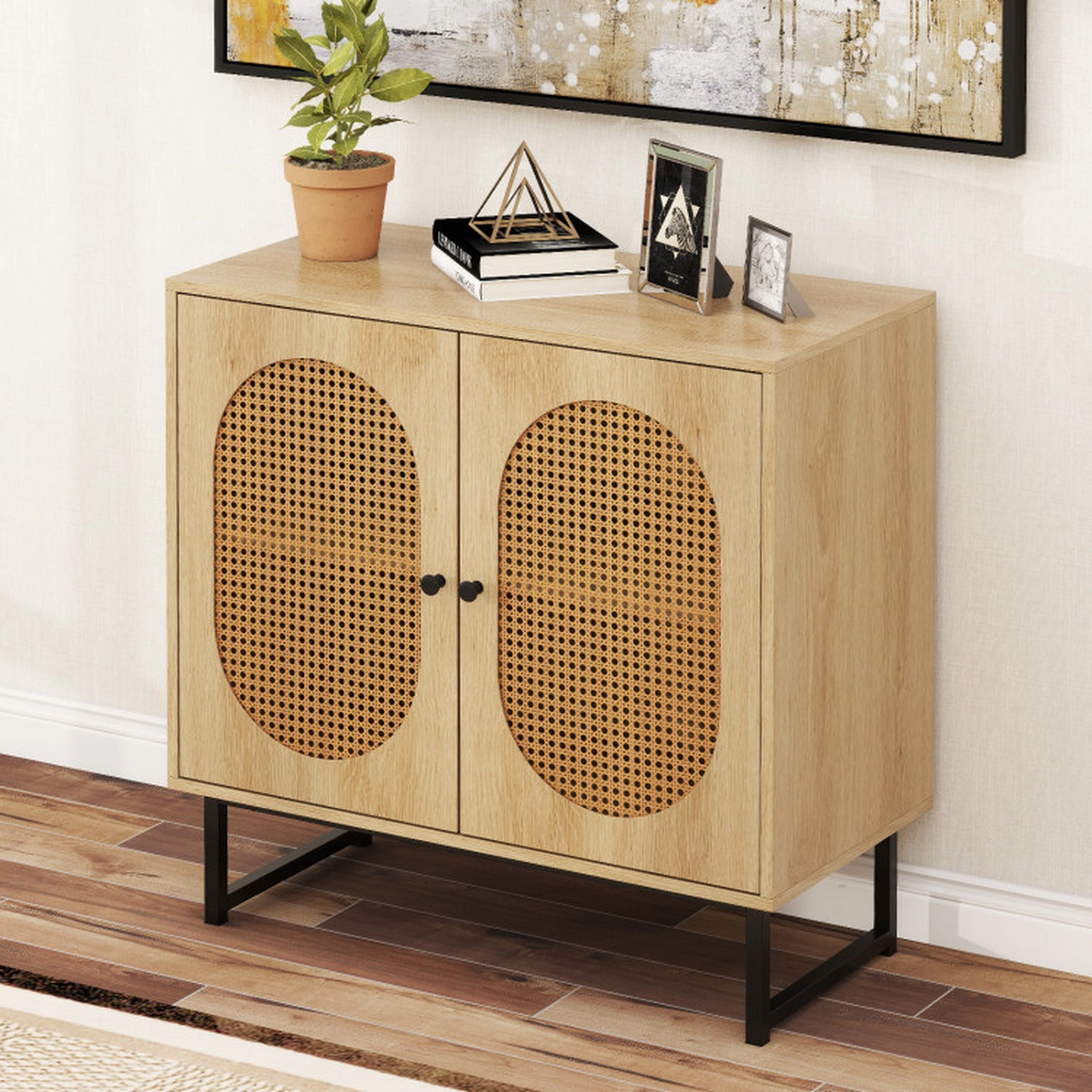 SUGIFT Rattan 2-Door Buffet Sideboard Cabinet with Adjustable Shelf 66-lb Top Capacity 31.5-in Wide Natural/White