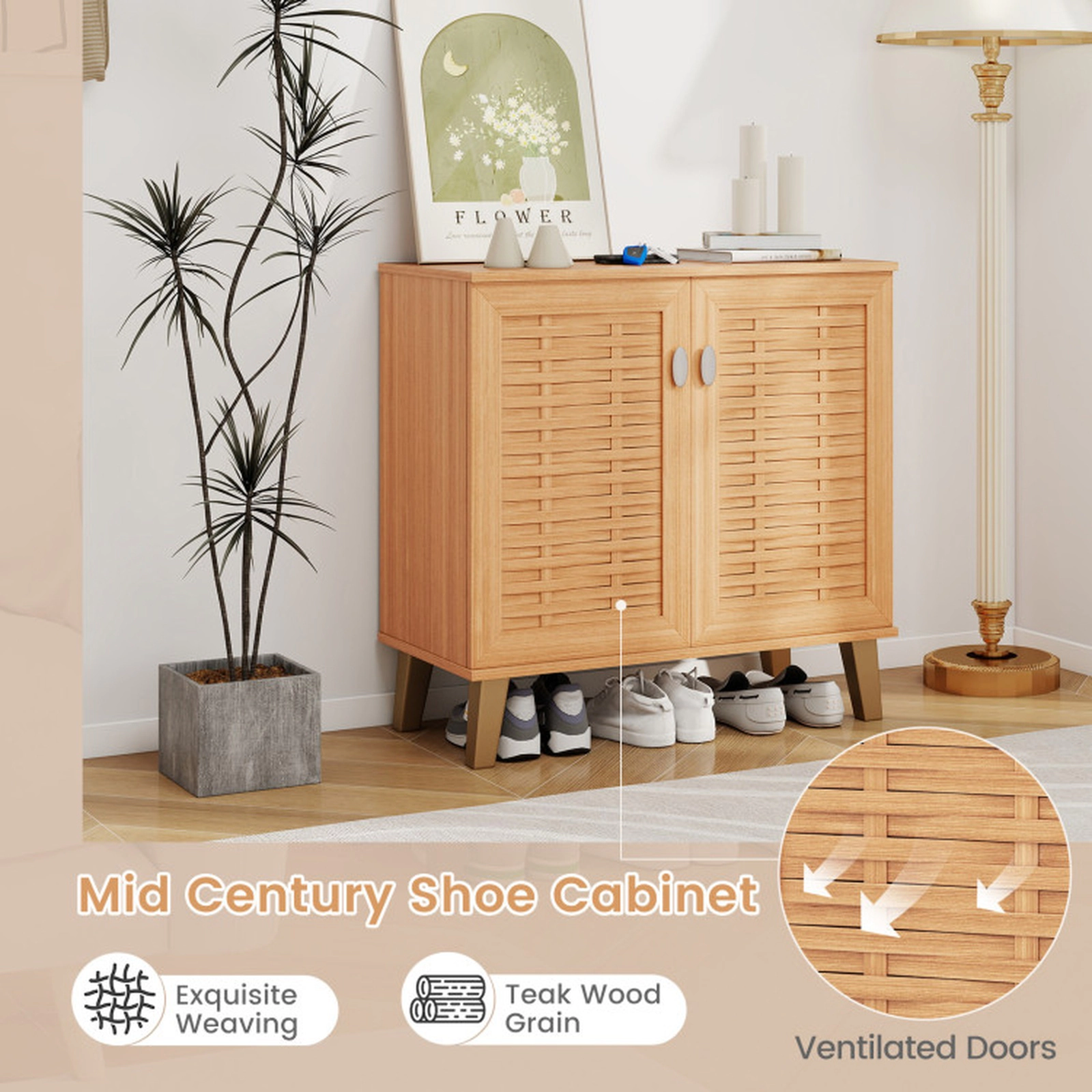 SUGIFT 4-Tier Teakwood 29.5-in Entryway Shoe Cabinet with 2 Ventilated Woven Doors and 3 Shelves