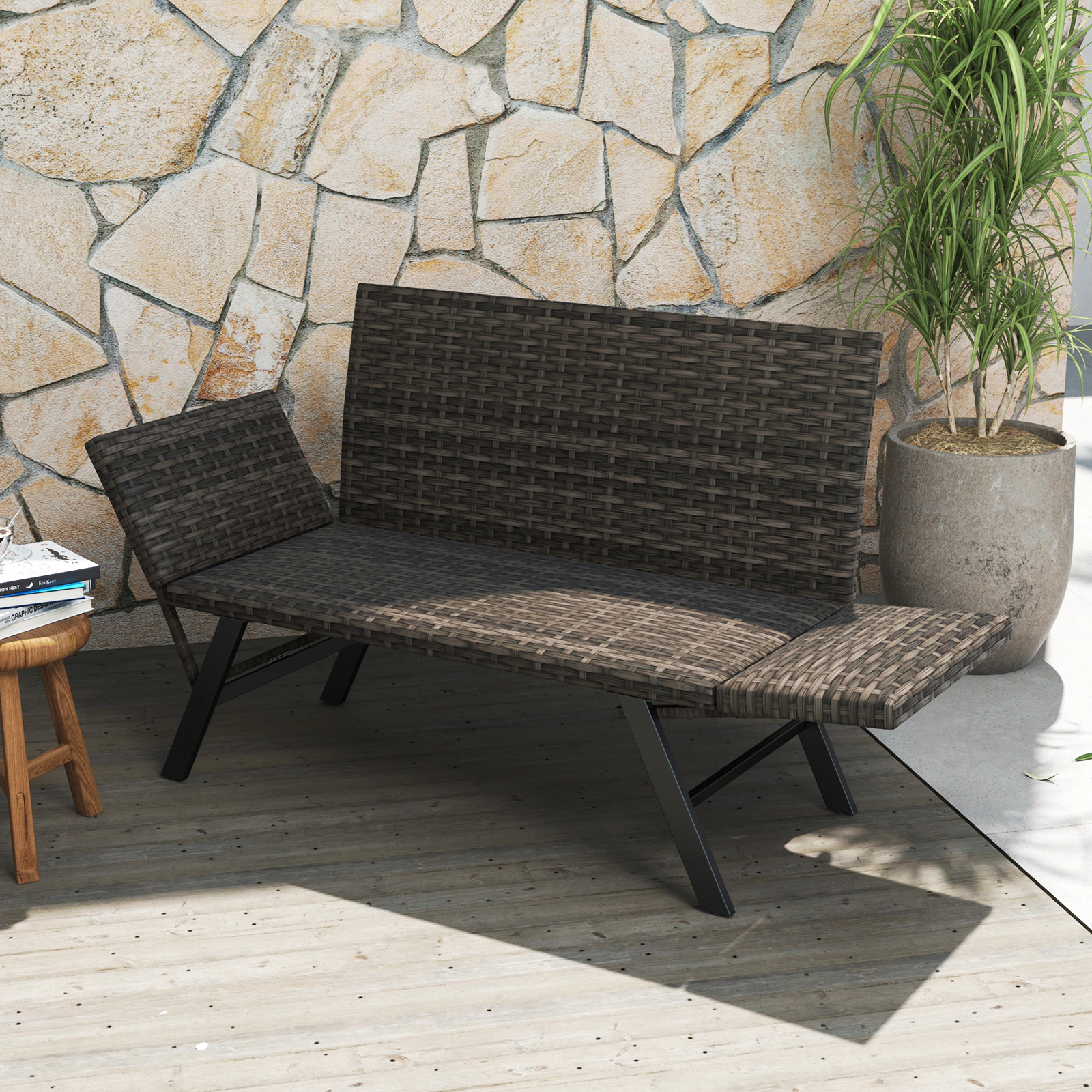 LJG Patio Convertible Sofa for 2 Quick Dry Foam Padded Rattan with Armrests