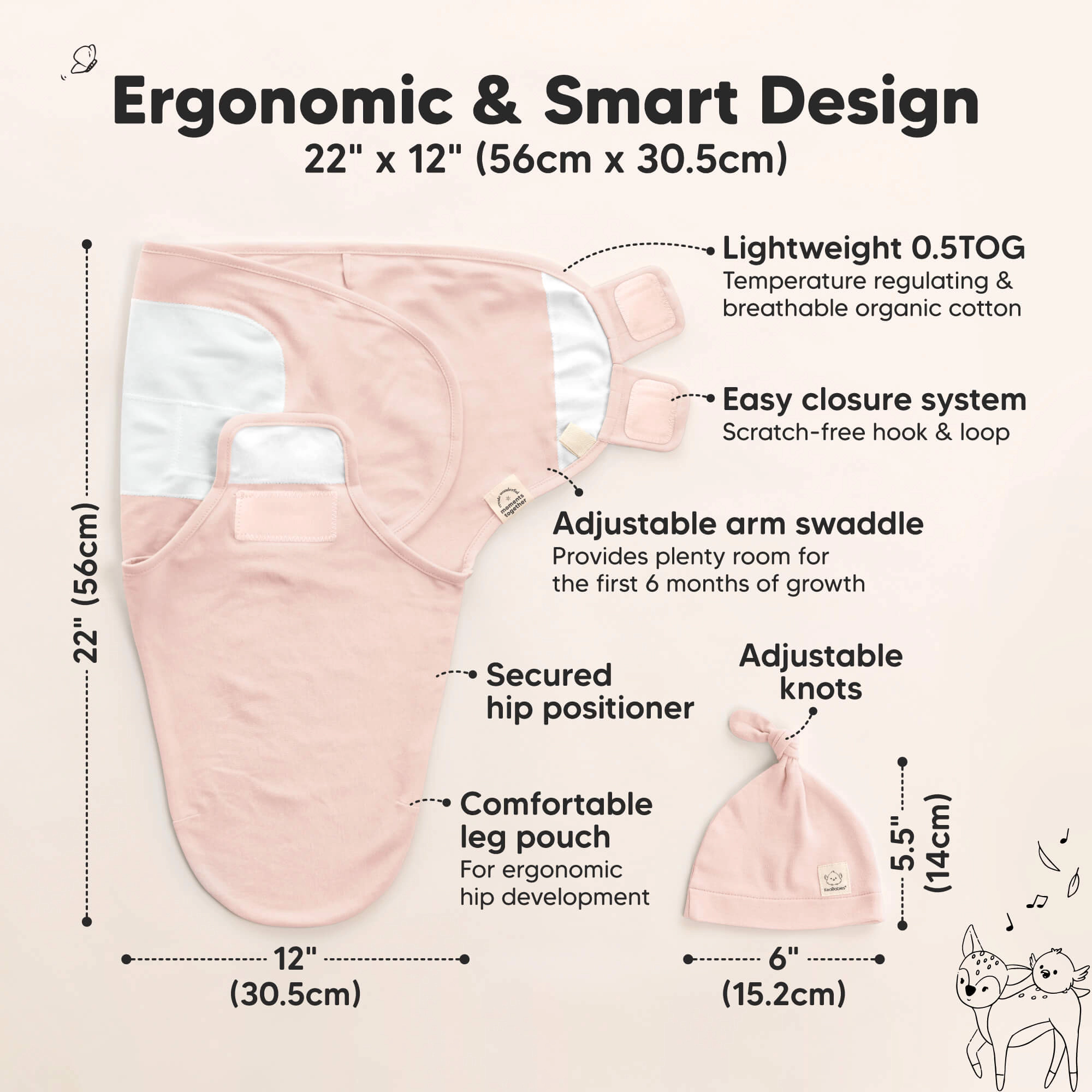 KeaBabies 3-Pack Soothe Swaddle Wraps with Knot Hats