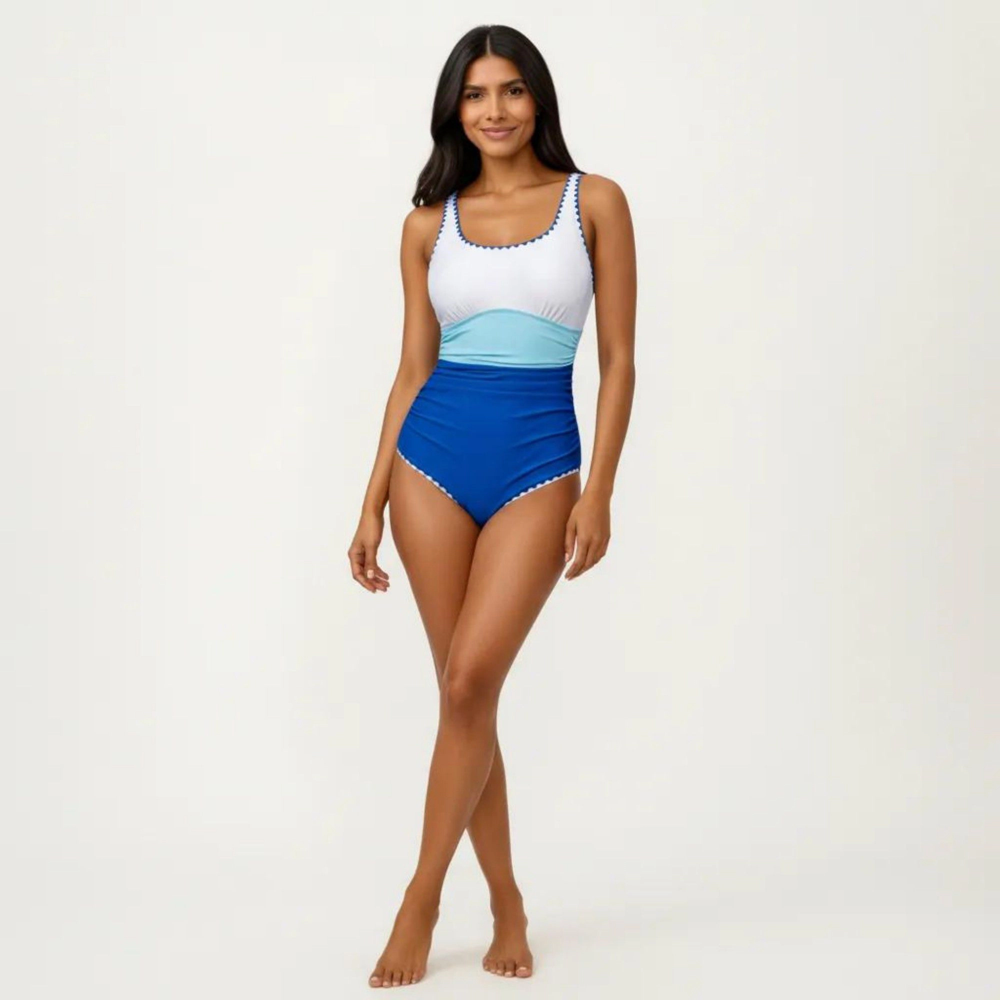 Anna-Kaci Women One Piece Swimsuit - Contrast Trim Scoop Neck, Ruched Waist