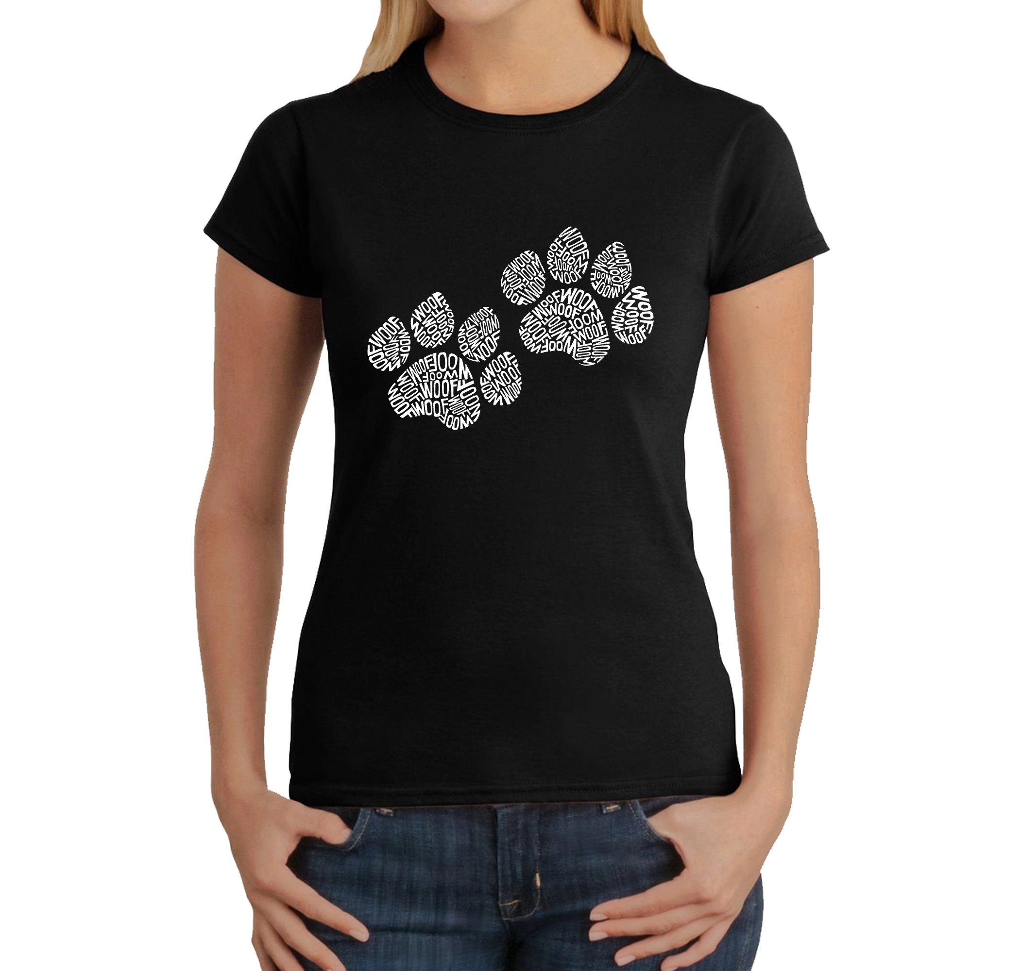 LA Pop Art Women's Word T-Shirt  Woof Paw Prints