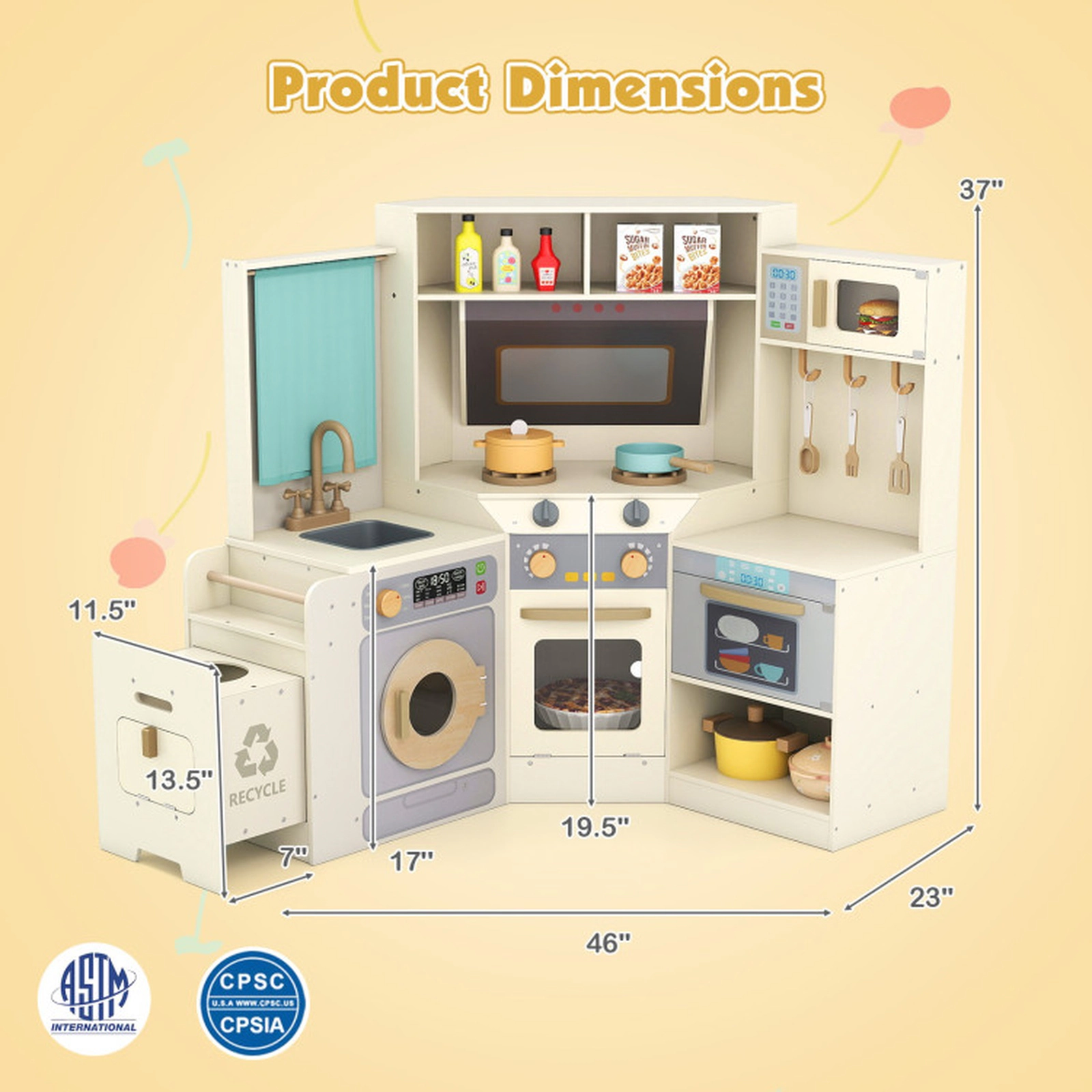 SUGIFT Corner Wooden Kitchen Toys with Lights and Sounds with Pull-out Trash Can 46-in Wide Ages 3+ Off White