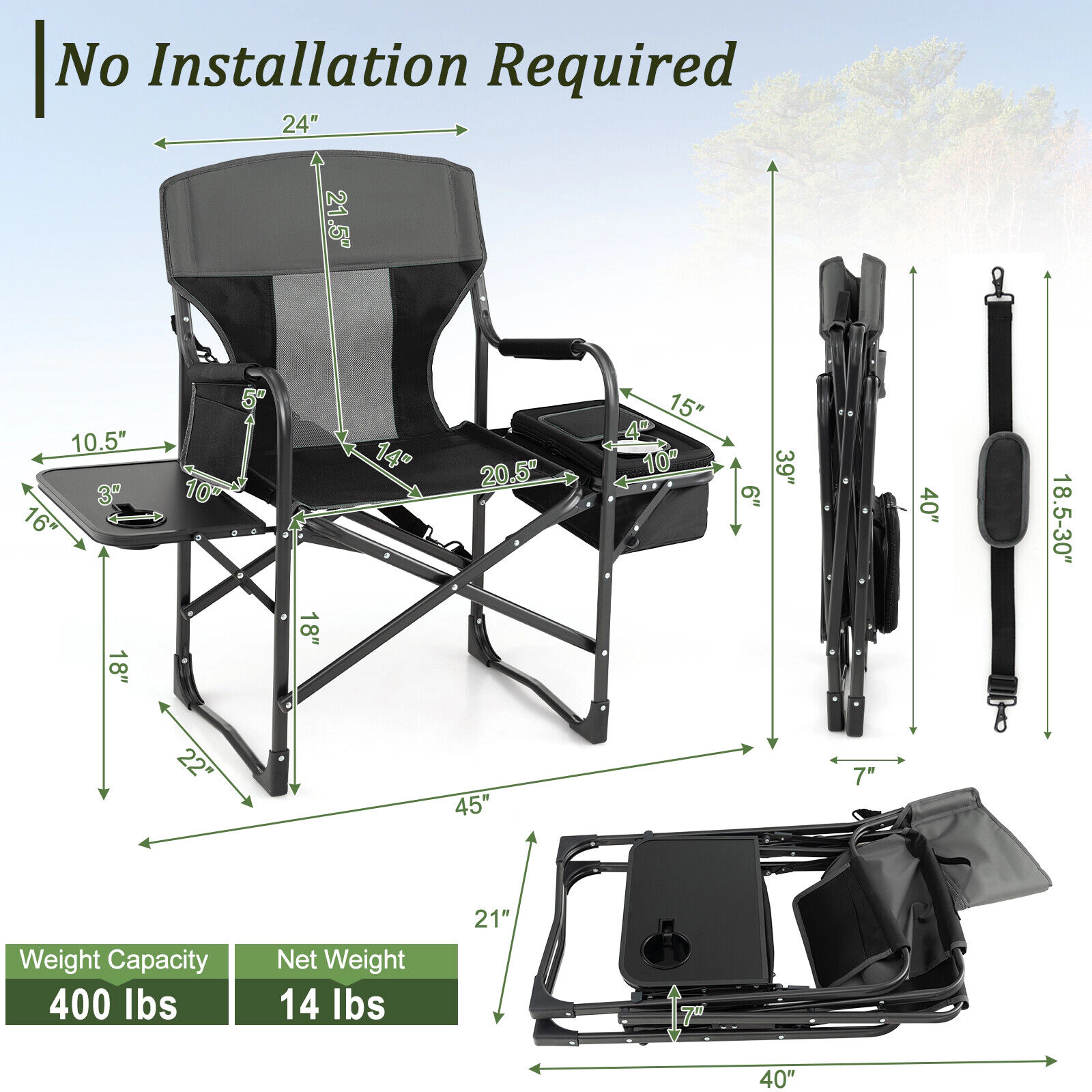 SUGIFT Black Folding Directors Chair with Cooler Bag and Side Table 45-in W 22-in D 39-in H 400-lb Seat Capacity