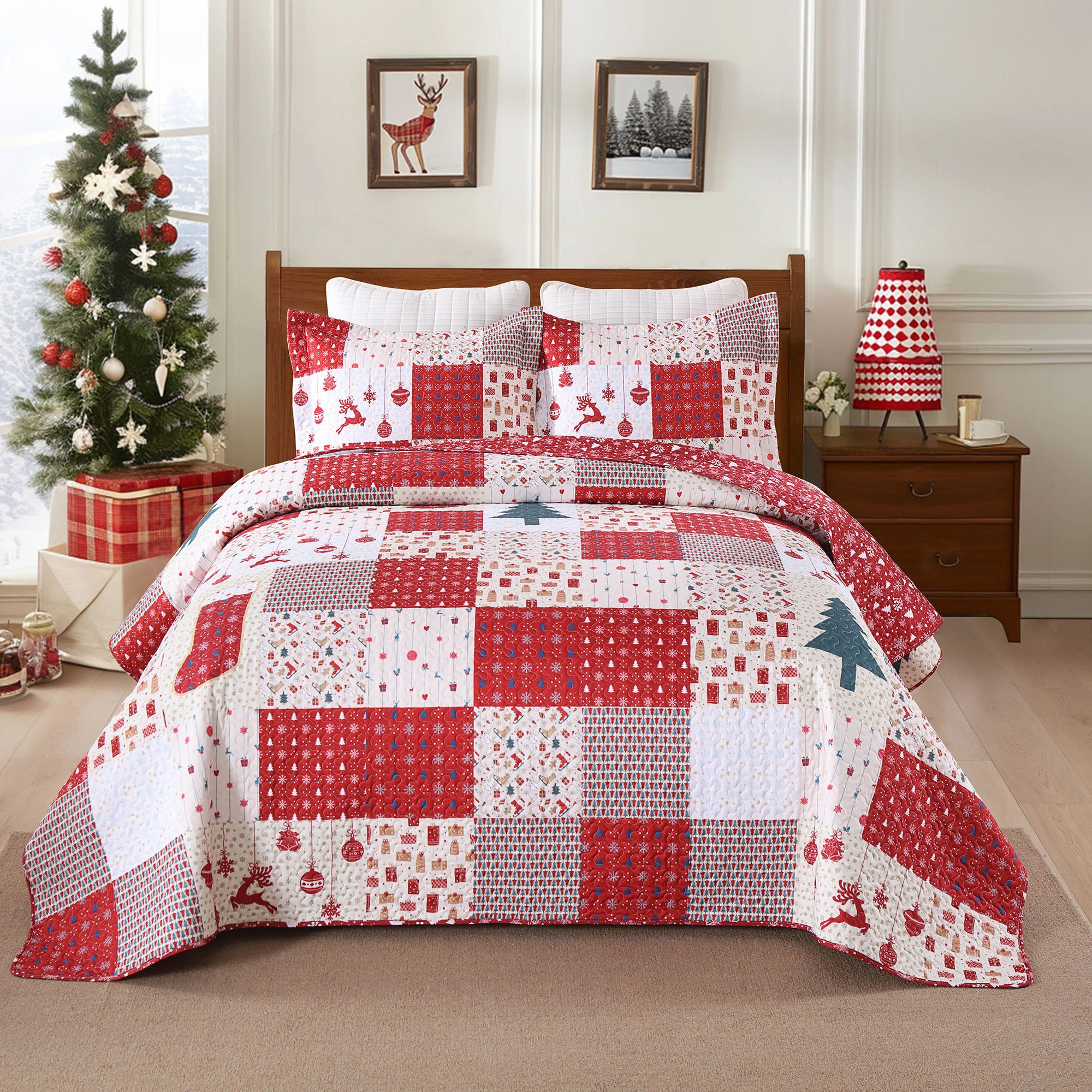 MarCielo 3 Pieces Christmas Holiday Quilt Bedspread Set