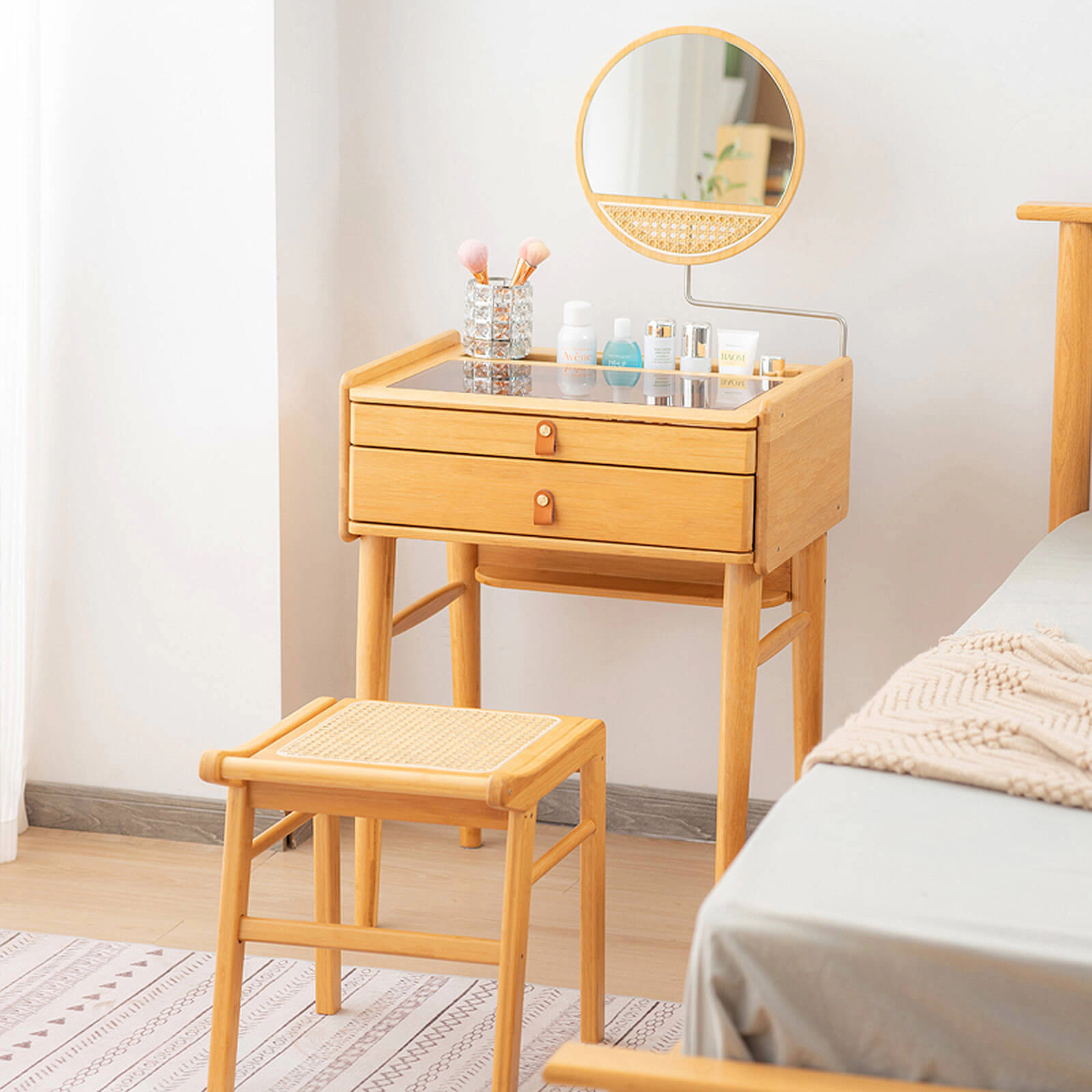 SUGIFT Bamboo Makeup Vanity Table with Stool and Rotating Mirror 155-lb Table Capacity 265-lb Stool Capacity Natural