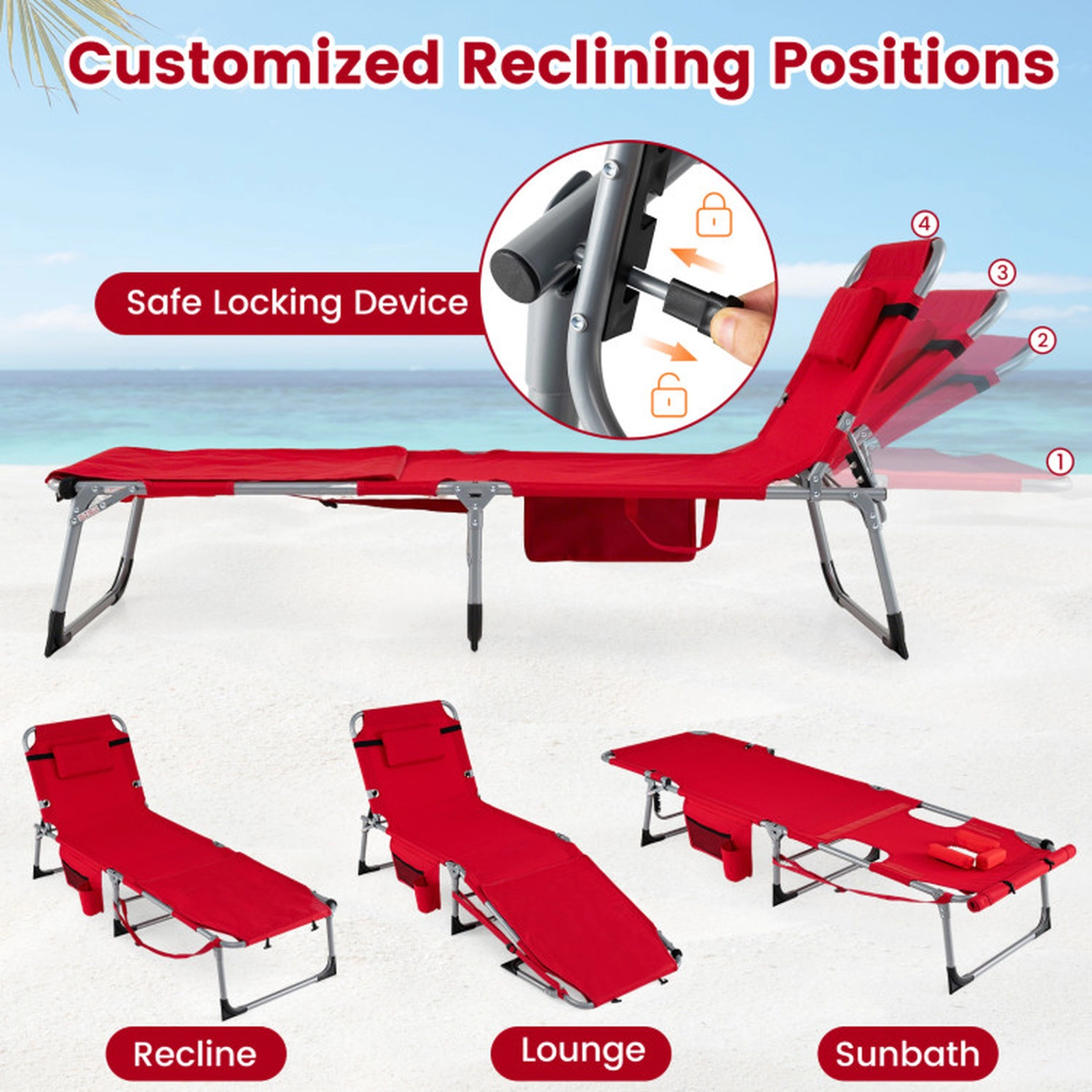 SUGIFT 4-Level Adjustable Tanning Chairs with Face and Arm Holes 330-Lb Capacity Set of 2 Folding Chaise Lounges Red