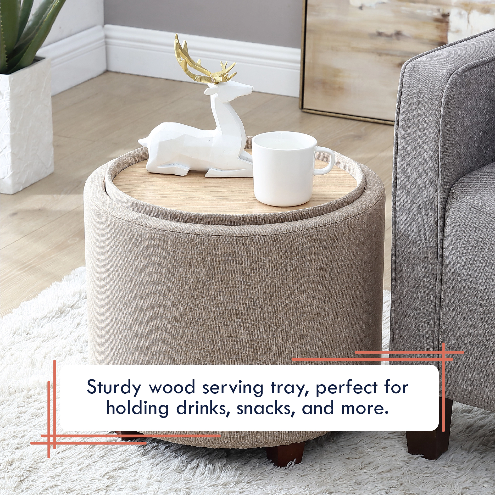 Ornavo Home Round Linen Storage Ottoman with Table Top Lid