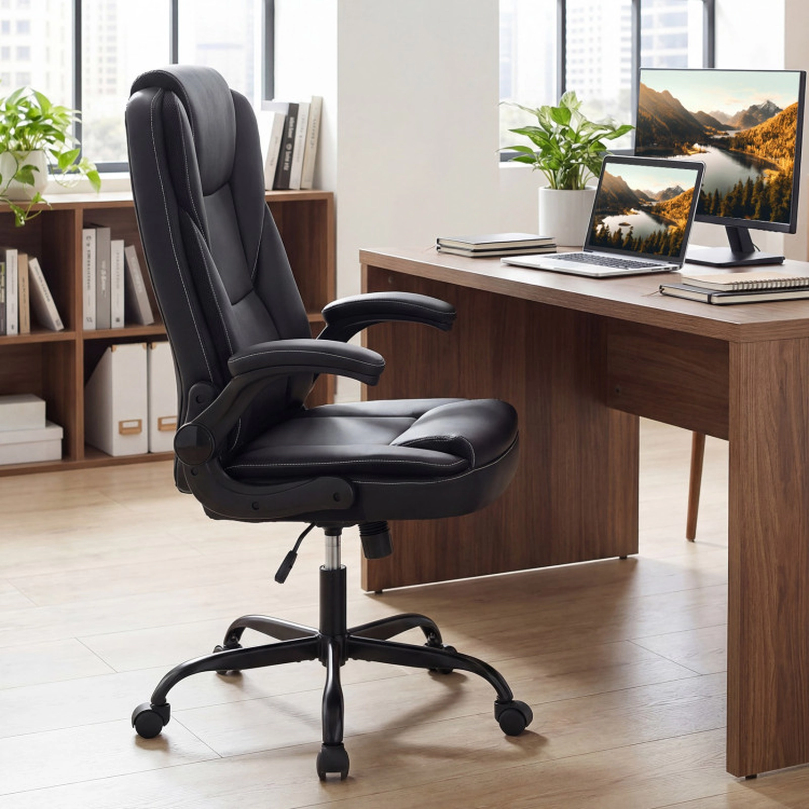 SUGIFT Ergonomic Leather Office Chair with Rocking Function and Flip-Up Armrests 300-lb Capacity Black