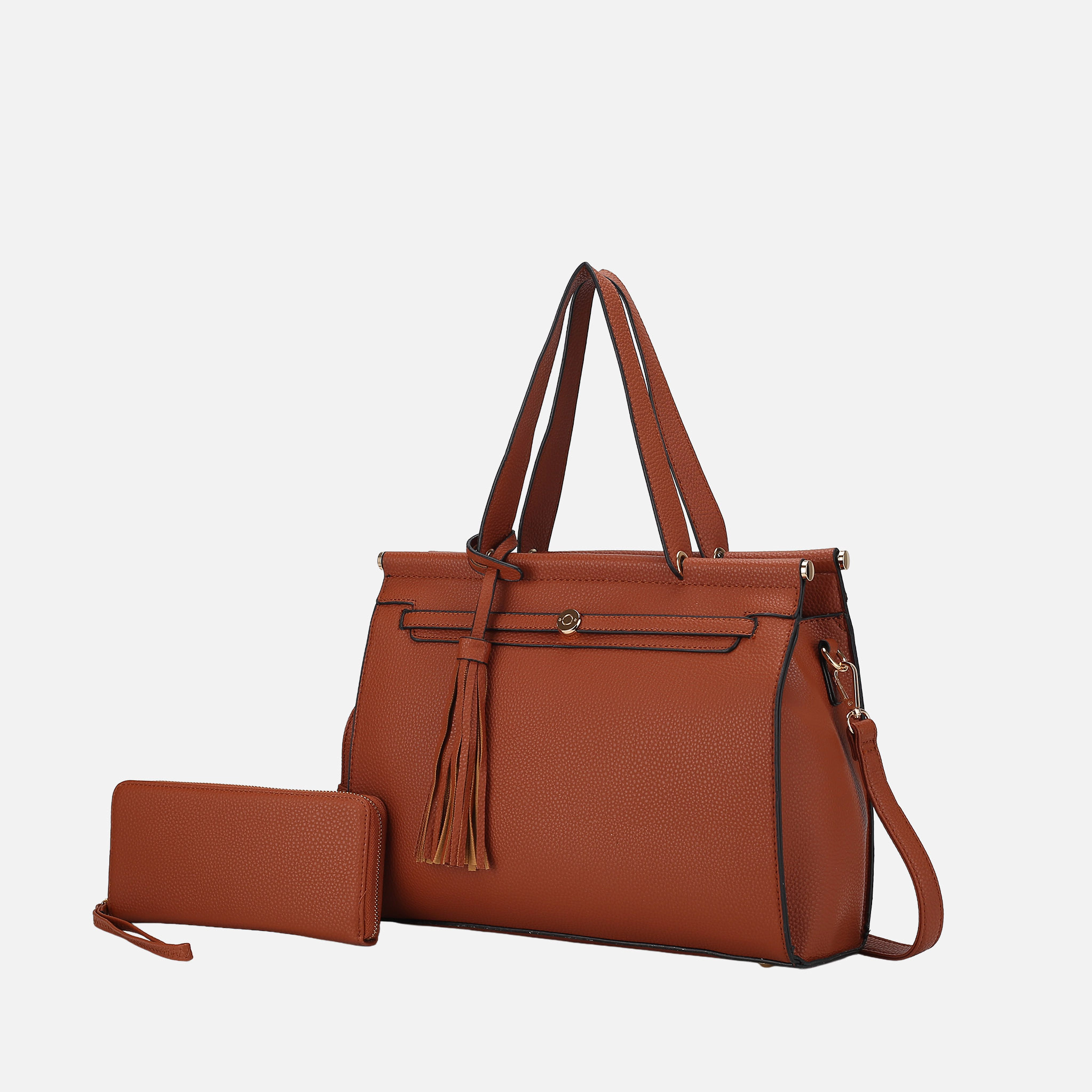 Mia K Collection Shelby Structured Satchel with Matching Wallet, Brown