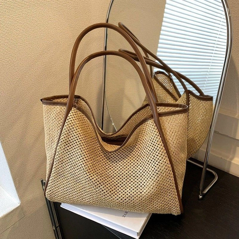 Alilang Women's Woven Straw Tote Bag with Shoulder Straps Lightweight Crochet Knit Pouch, Brown