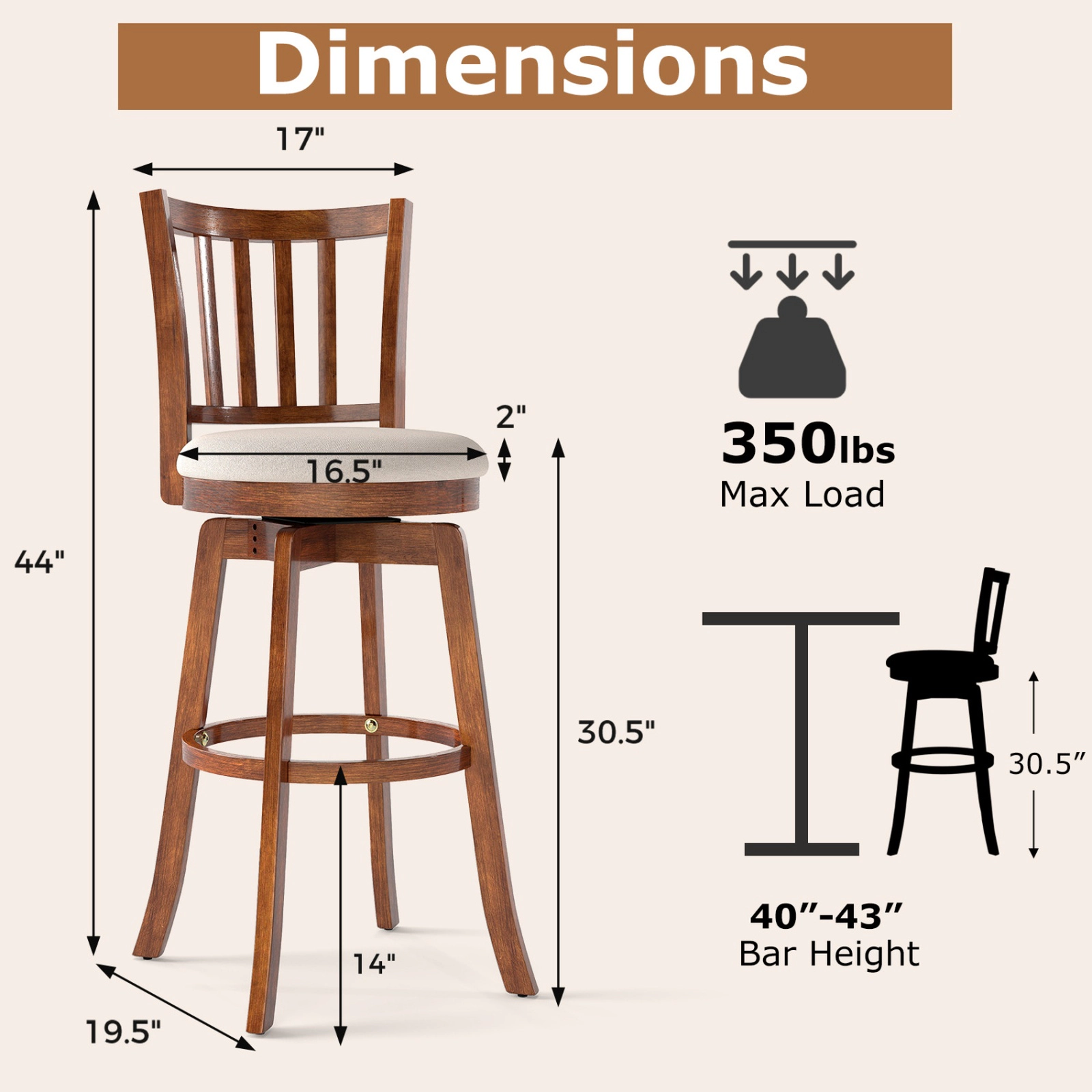 SUGIFT 360° Swivel Bar Stools Set of 4 Backrest & Upholstered Seat 350-lb Capacity 30.5-in Seat Height Driftwood +Sand