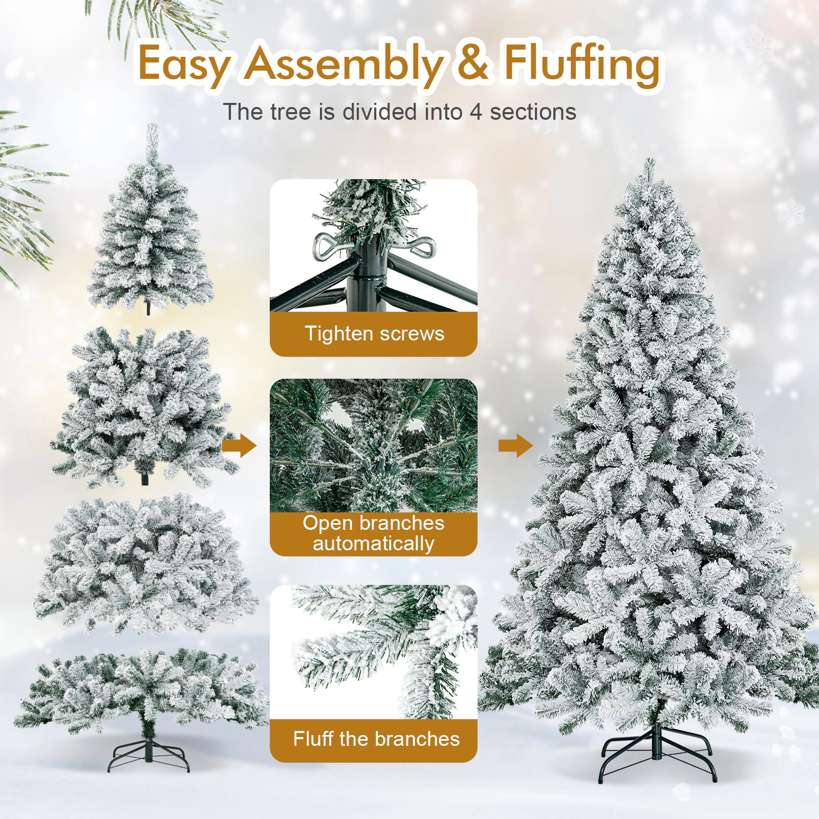 SUGIFT Snow Flocked Hinged Artificial Christmas Tree 7.5-ft Tall with 1010 Branch Tips 4 Sections with Metal Stand White