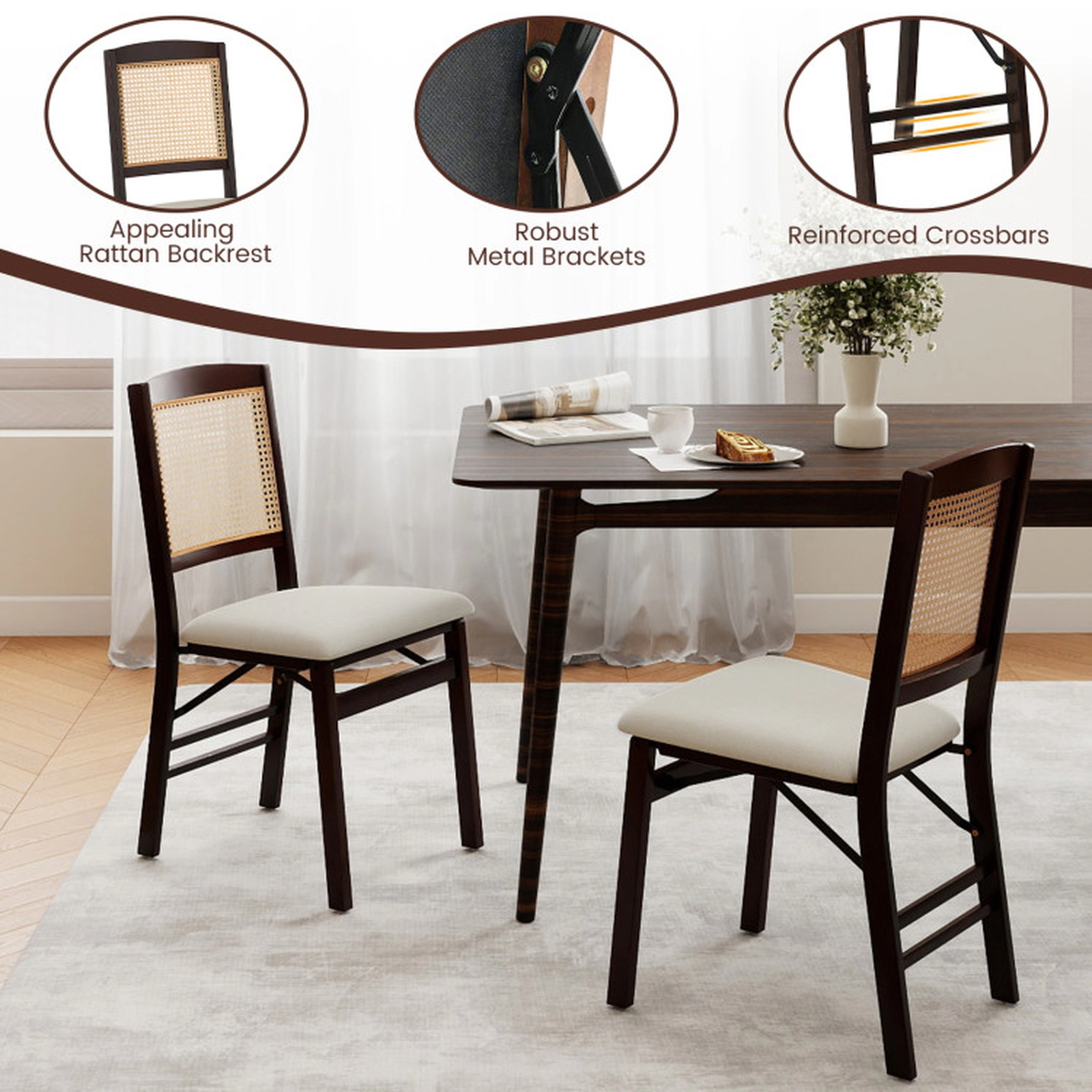 SUGIFT Coffee Folding Rubber Wood Rattan Back Linen Padded Seat Set of 4 Dining Chairs