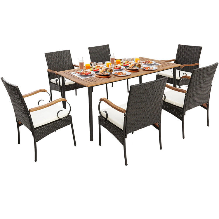 Hivvago 7 Pieces Patio Wicker Dining Set With Detachable Cushion And Umbrella Hole