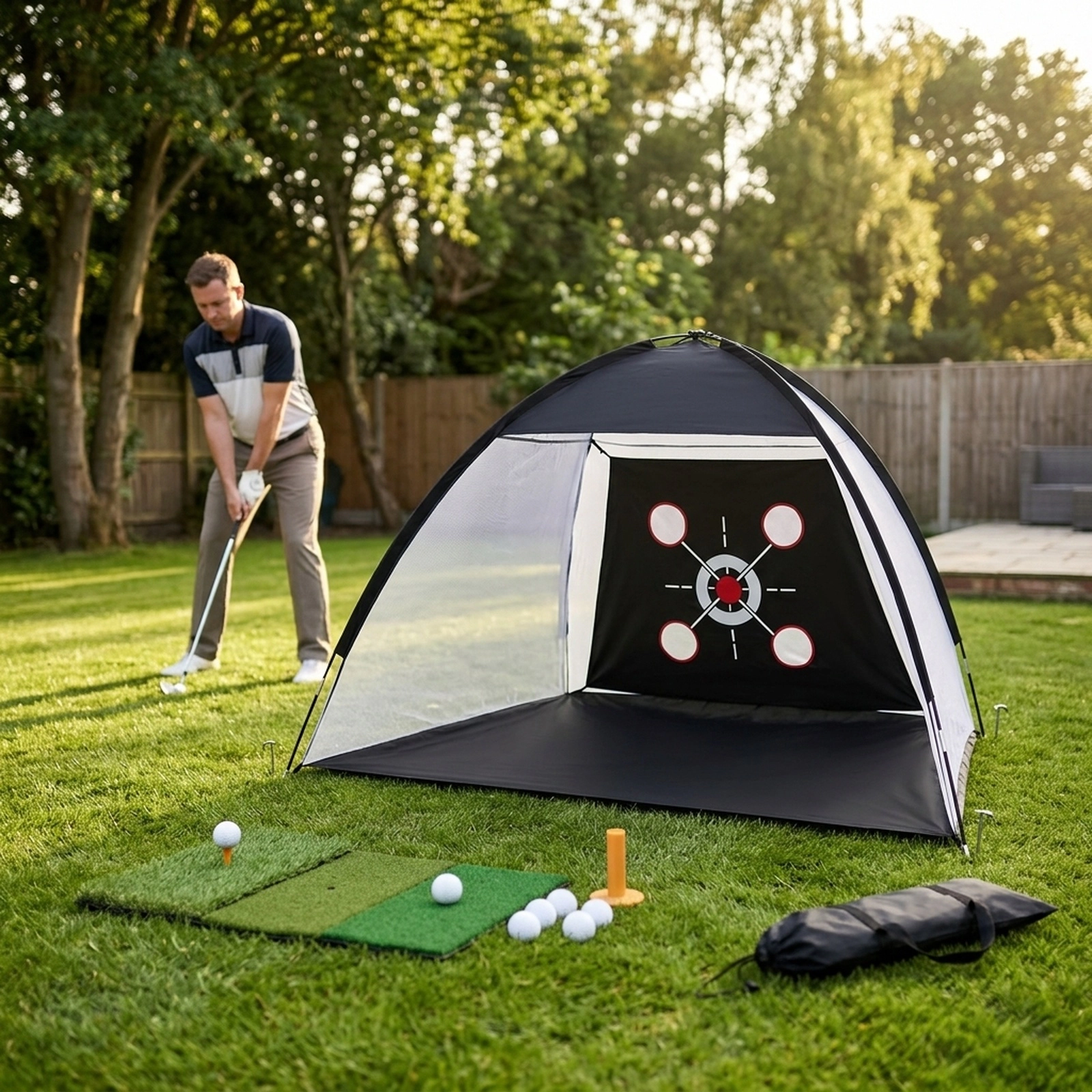 10.3-ft x 6.5-ft Golf Practice Net Foldable Tri-Turf Hitting Mat Target Zones 4 Ground Stakes Carry Bag Black