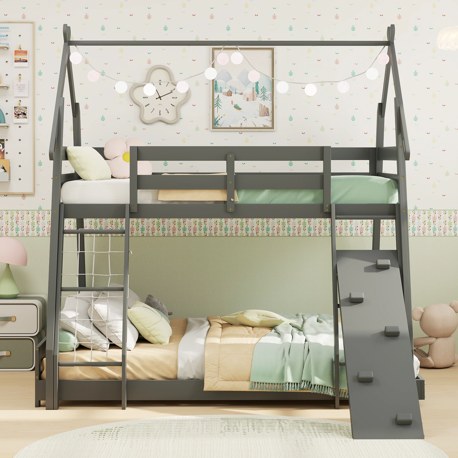 SUGIFT Twin Over Queen 440-lb Capacity Gray Pine Wood Kids Bunk Bed with Climbing Net Ramp and Guardrails