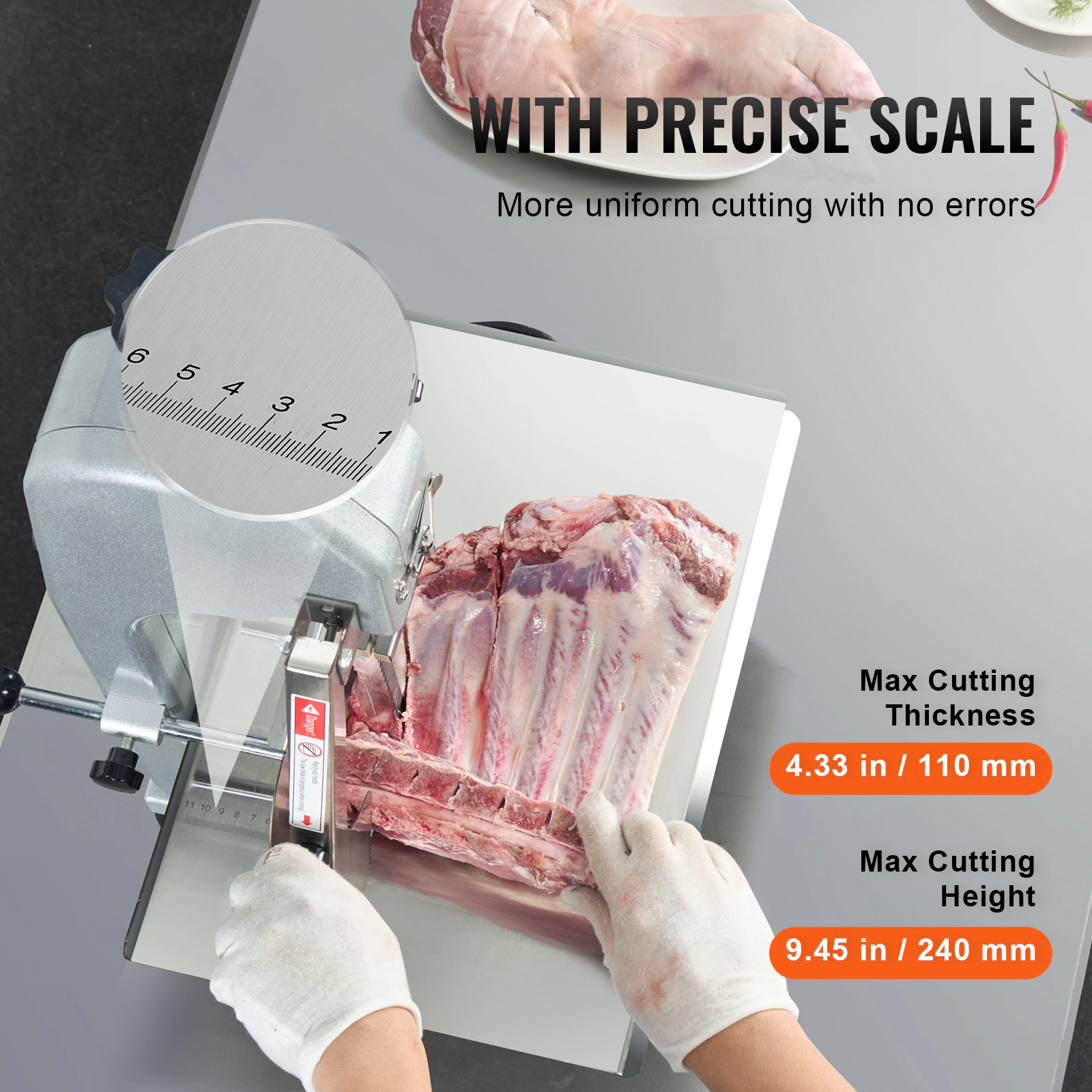 HONGGE Commercial Electric Meat Bandsaw, Stainless Steel Countertop Sawing Machine, Max Cutting Thickness