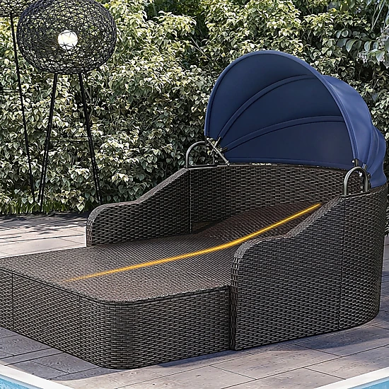 SUGIFT 73-Inch Navy Rattan Patio Daybed with Retractable Canopy, 795-Lb Capacity