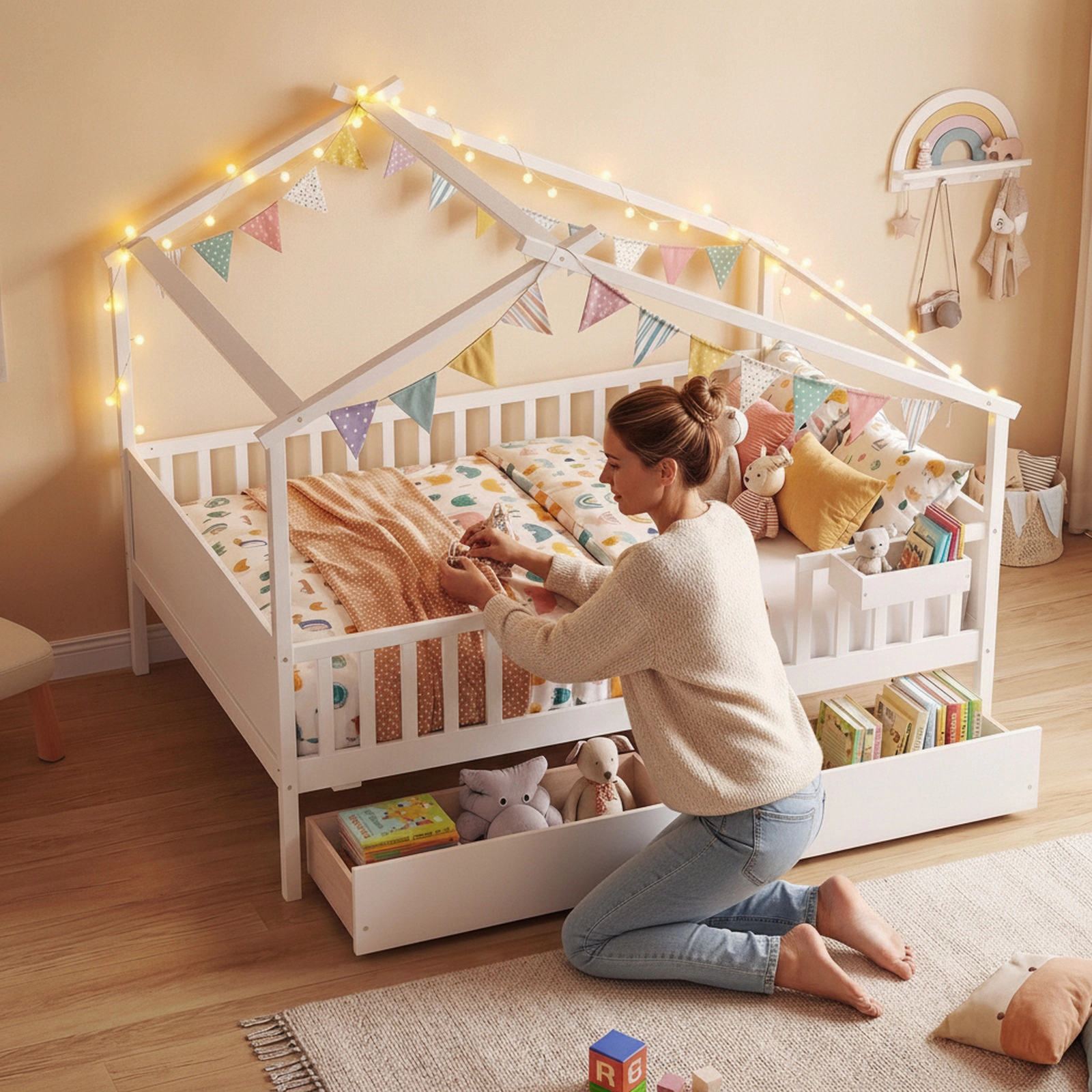 SUGIFT Full-Size White Wood House Bed with Roof, Fence Rails and 2 Storage Drawers
