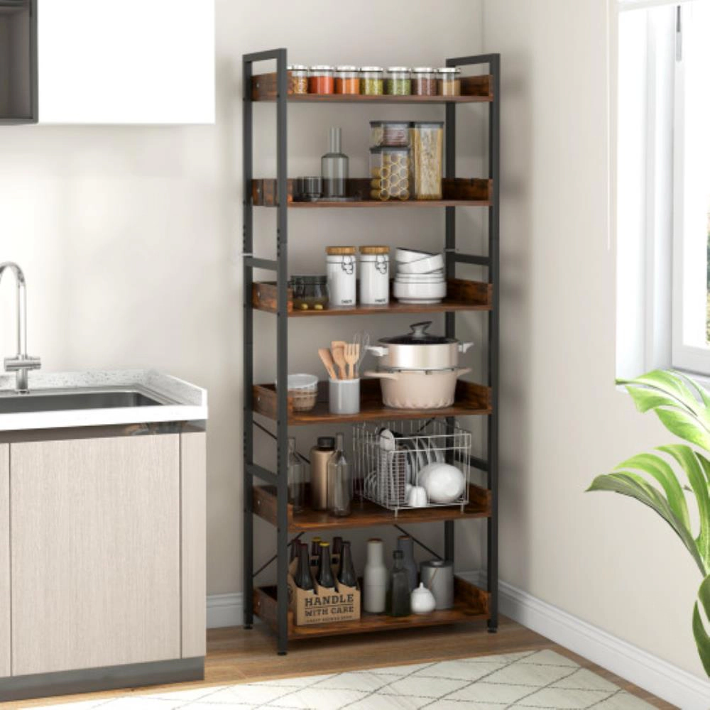 Hivvago 6-Tier Tall Industrial Bookcase with Open Shelves and 4 Hooks-Brown