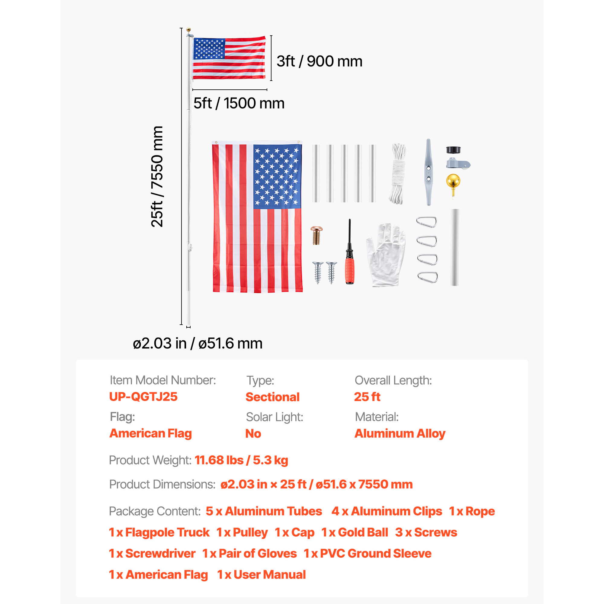 HONGGE 25 ft Sectional Flag Pole Kit, Heavy Duty Aluminum In-Ground Flagpole with 3x5 American Flag, Silver