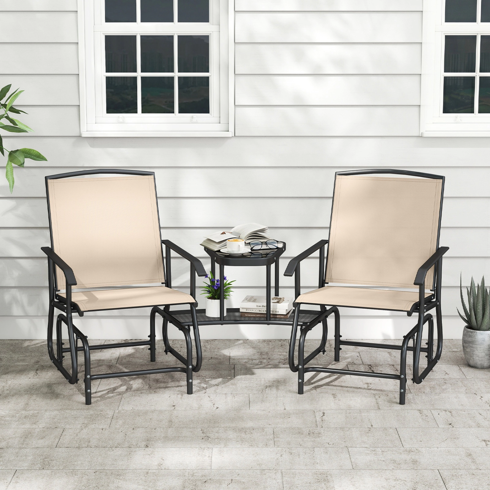 SUGIFT Beige 2-Seat Outdoor Metal Glider Bench with Independent Rocking Seats and 2-Tier Table