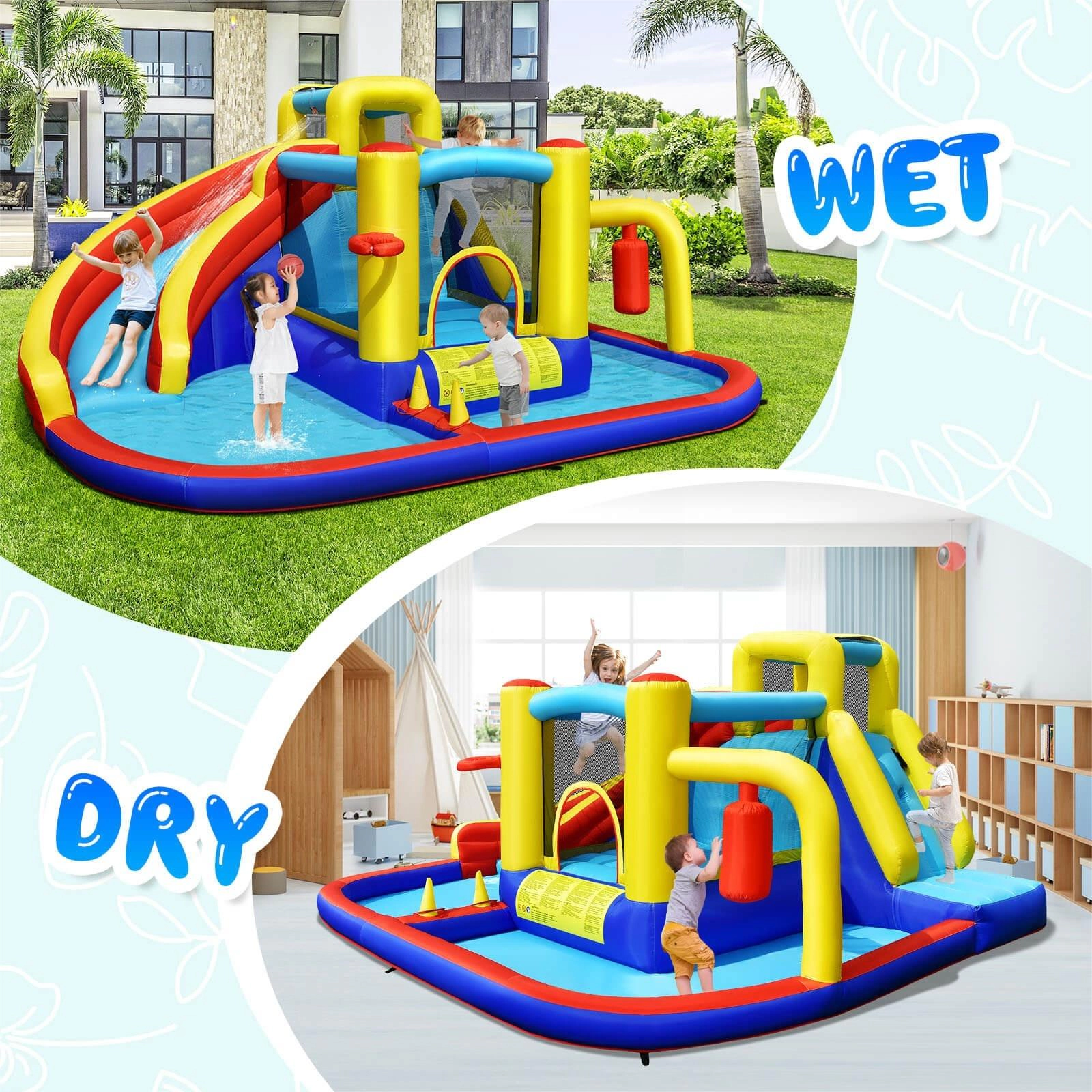 SUGIFT 7-in-1 Inflatable Water Slide Bounce House with 735W Air Blower & Splash Pool 66-lb Capacity Ages 3-12 Multicolor