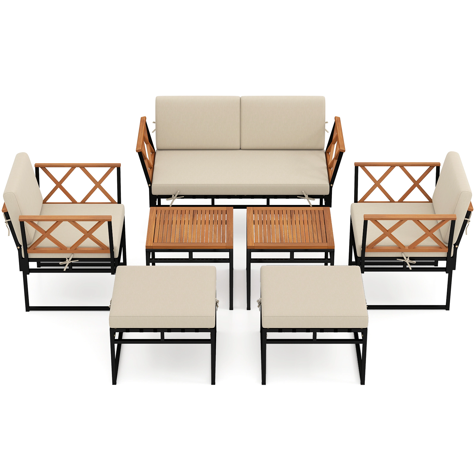 LJG 7 Piece Outdoor Conversation Set with Cushions and Bungee Rope Seat