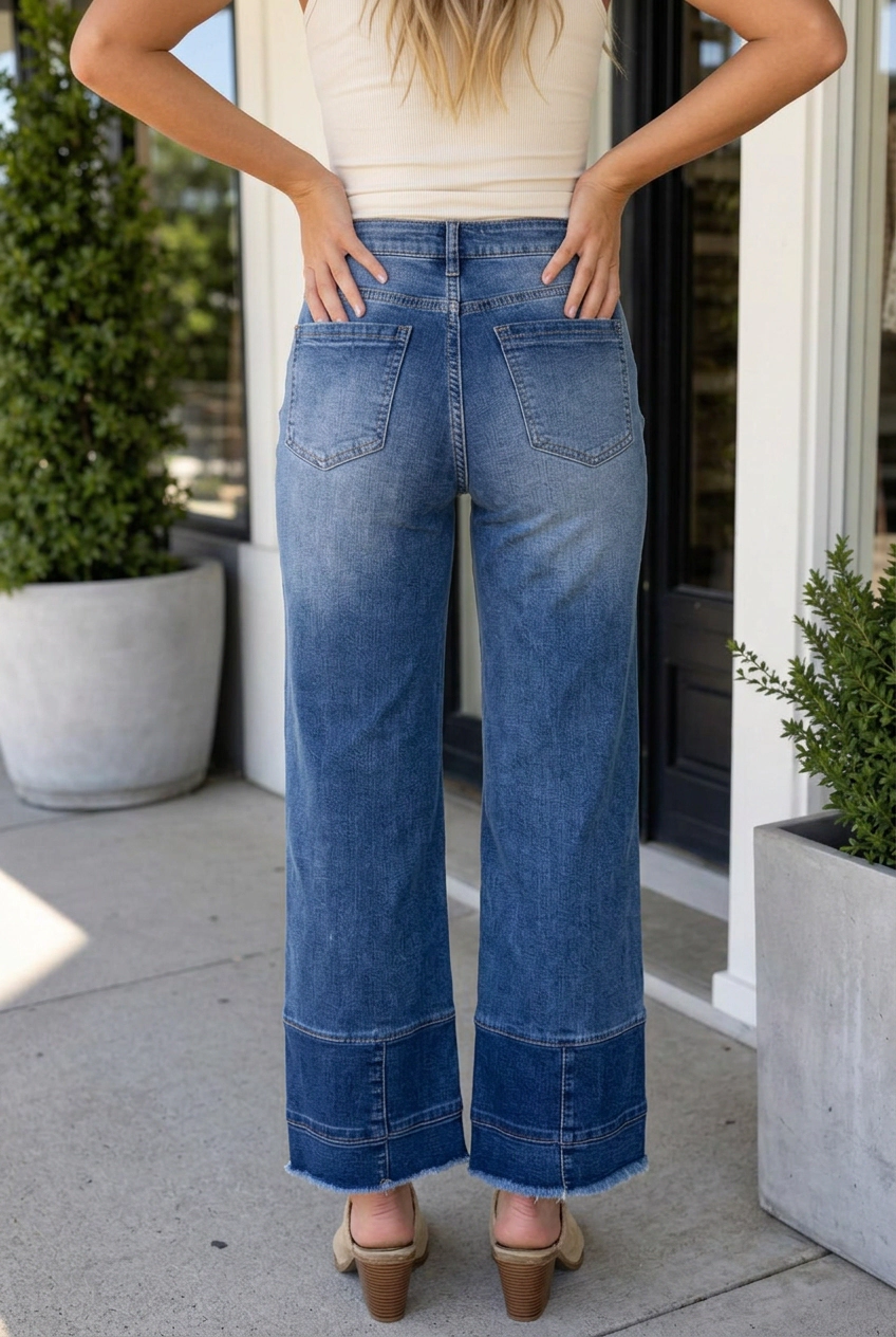 Threaded Pear Women's Sky Blue Chic Seam Detail Raw Hem Ankle Length Jeans