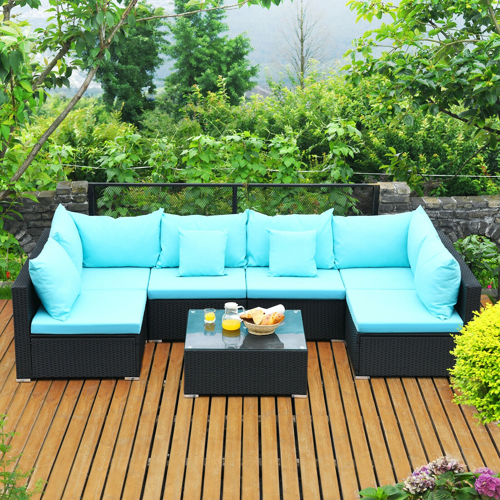 SUGIFT 7-Piece Blue Wicker Patio Sectional Sofa Set with Glass Table