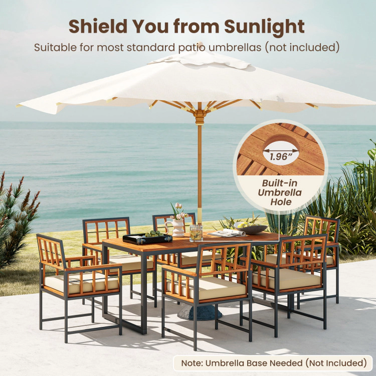 Hivvago 7 Pieces Patio Acacia Wood Dining Set With Soft Cushions And Umbrella Hole-Natural