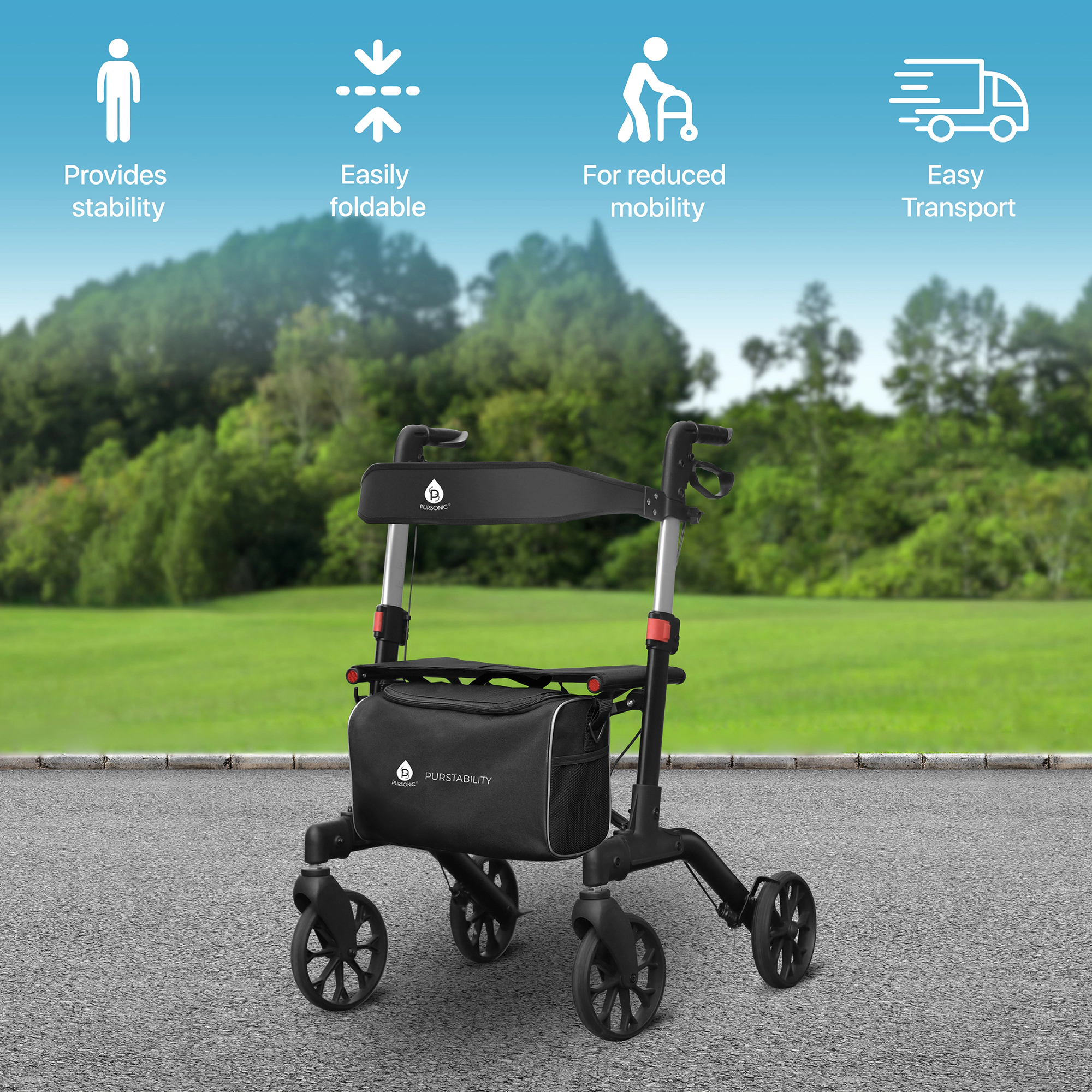 Pursonic Foldable Wheeled Walker with Backrest and Bag - Adjustable Height and Lightweight
