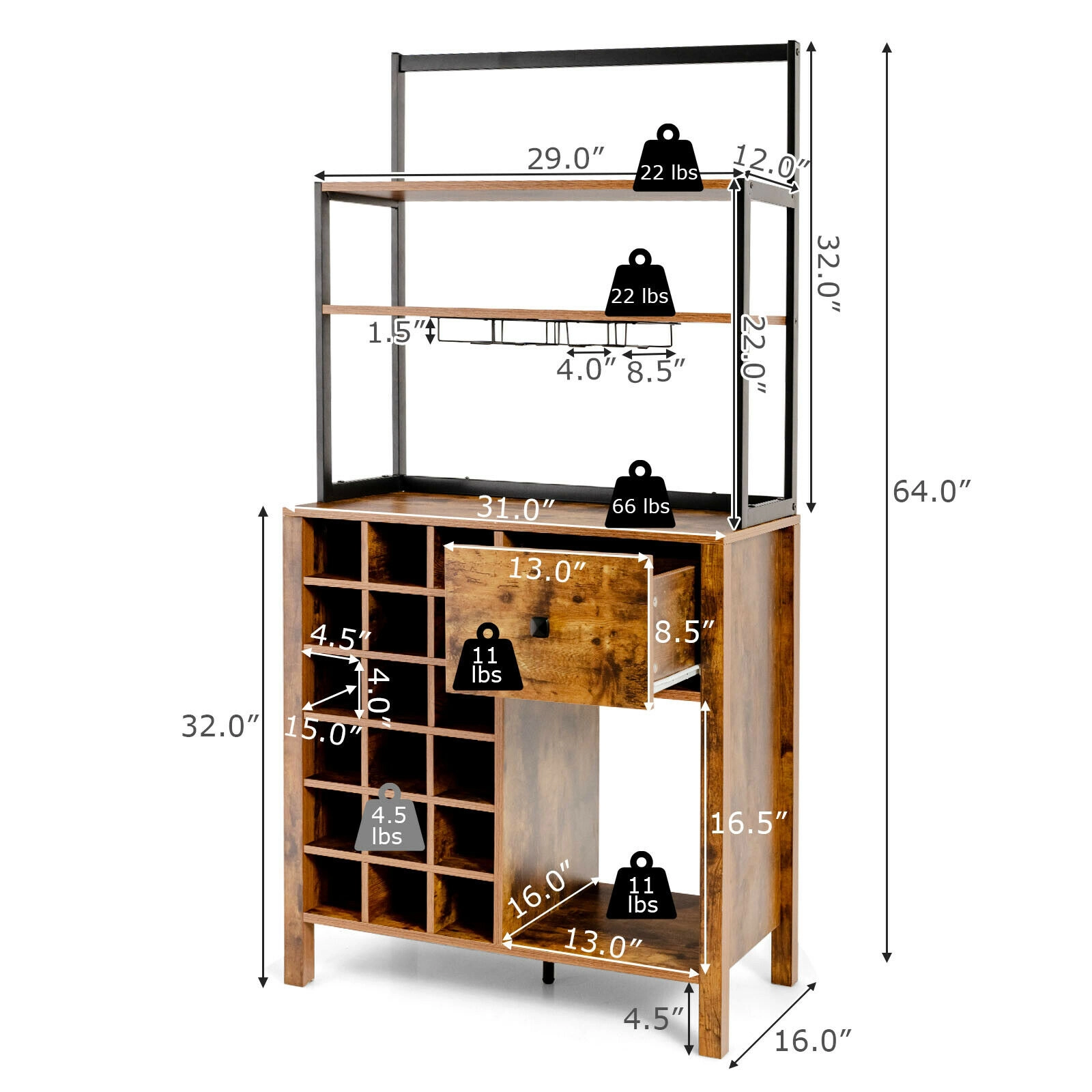 SUGIFT 64-in 3-Tier 66-lb Shelf Rustic Brown Bakers Rack with 18-Bottle Wine Rack Glass Holder and Drawer