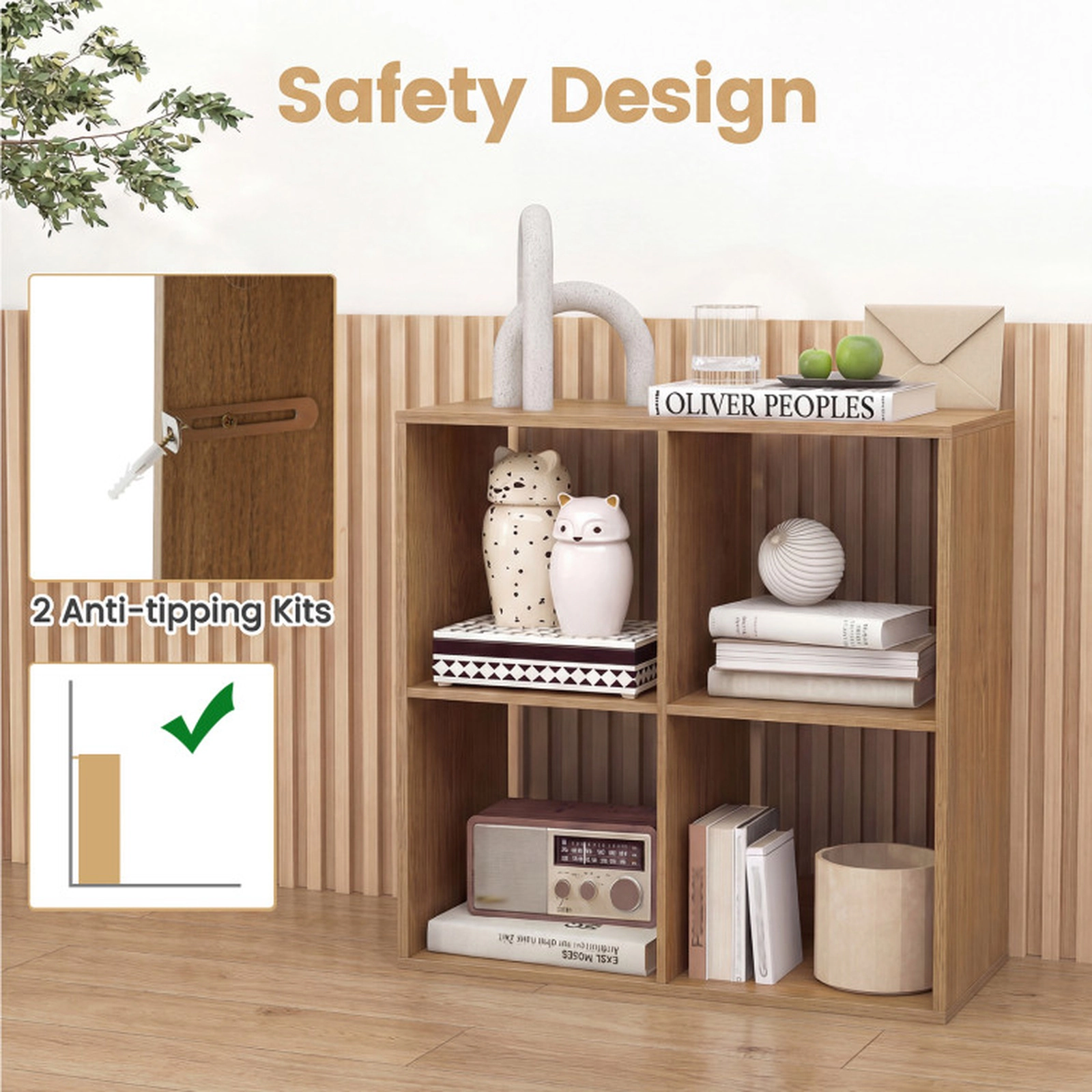 SUGIFT 4-Cube Bookshelf with Back Guardrail 100-lb Tabletop Capacity 22-lb Cube Capacity Natural White Black Coffee