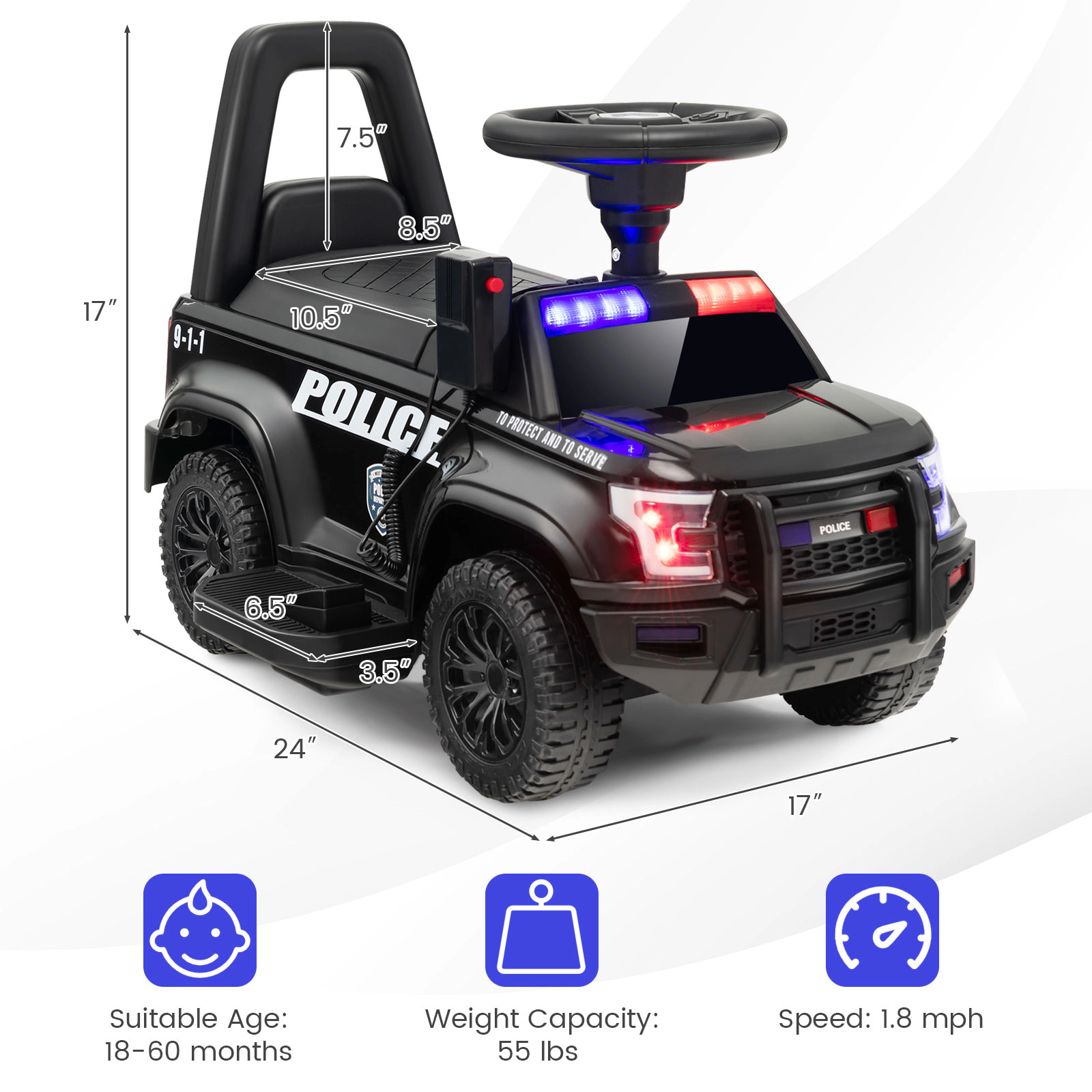 LJG 6V Kids Ride on Police Car with Real Megaphone and Siren Flashing Lights