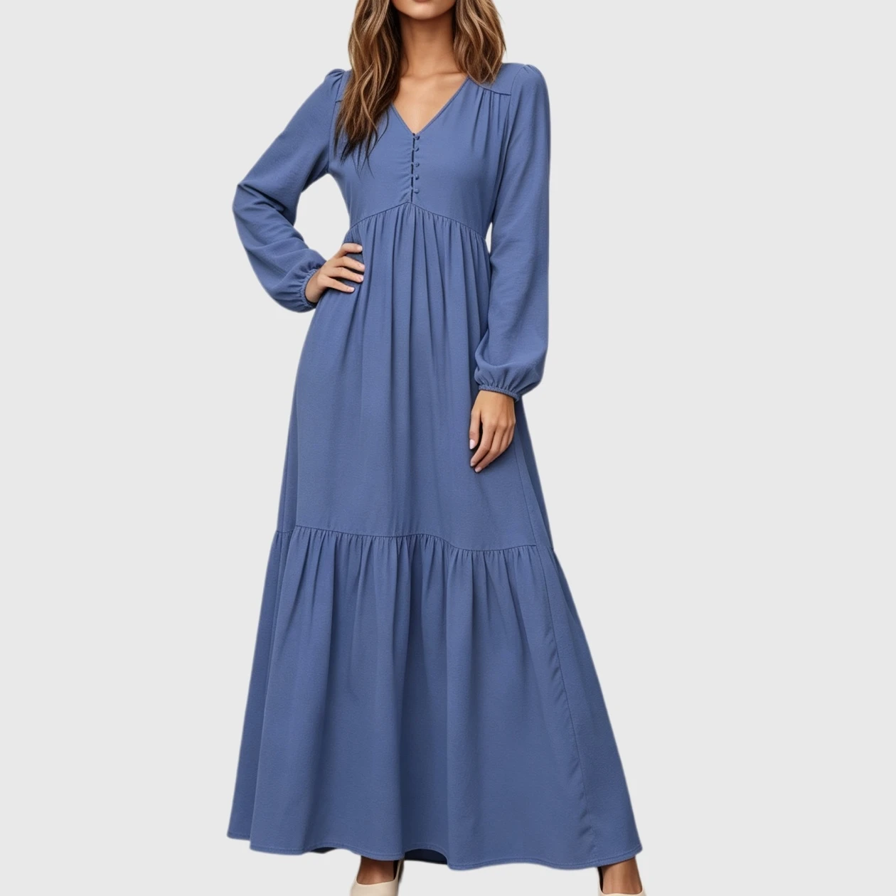 YesFashion Women's V-Neck Long Sleeve Loose Fit Flowy Boho Maxi Dress with Pockets and Buttons